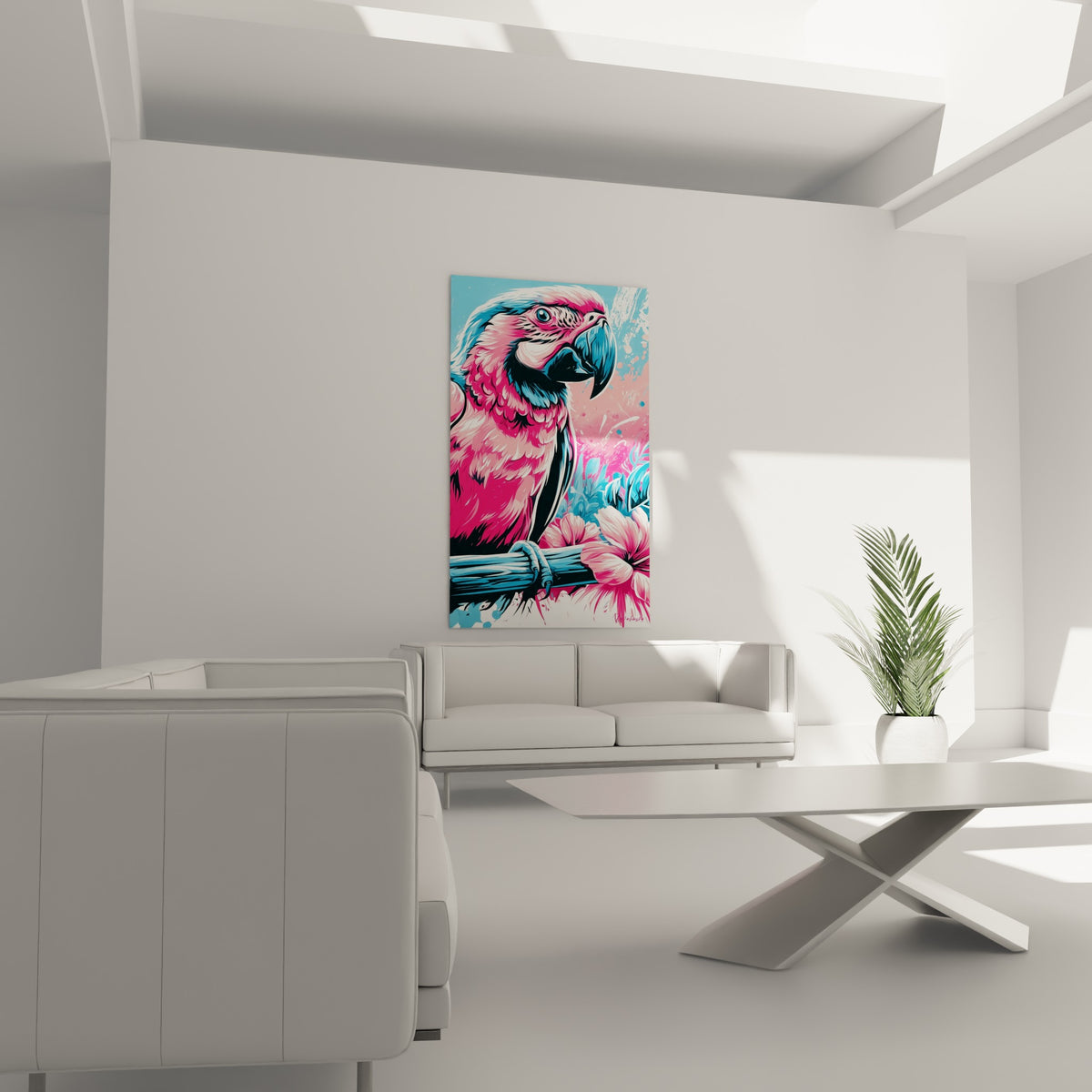 Volatile coloré aux teintes corail et bleu pastel, fleurs roses en fond, au-dessus d'un canapé dans un salon lumineux