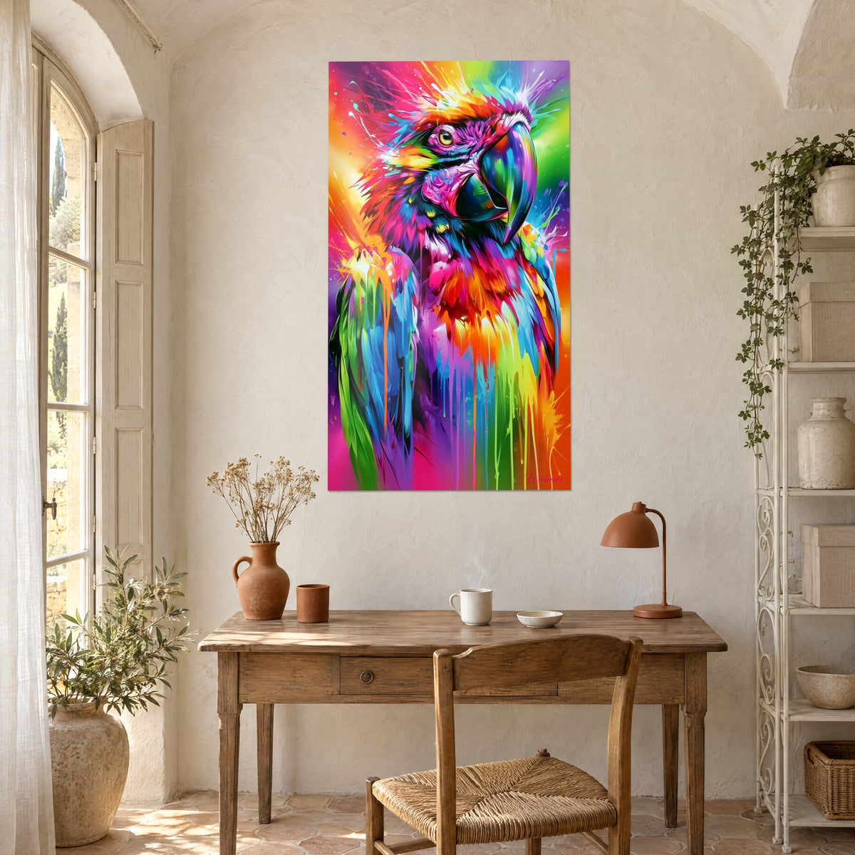Tableau volatile tropical aux coulures de peinture jaune et turquoise, accroché au-dessus d'un bureau en bois dans un mas provençal