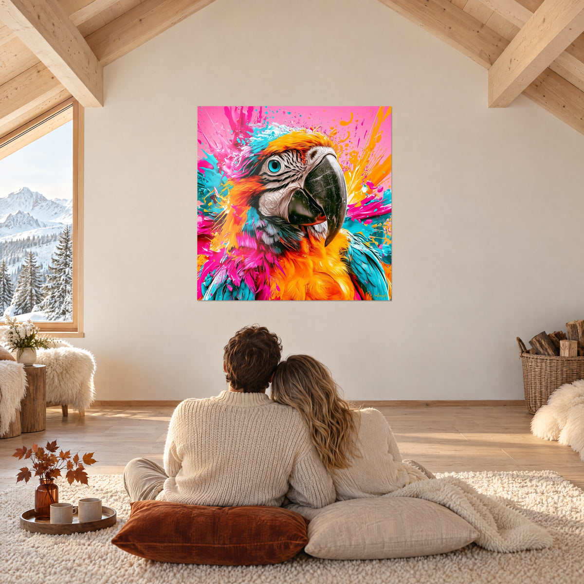 Tableau volatile exotique aux plumes mandarine et turquoise sur fond rose, un couple de dos assis sur des coussins dans un chalet sous les poutres