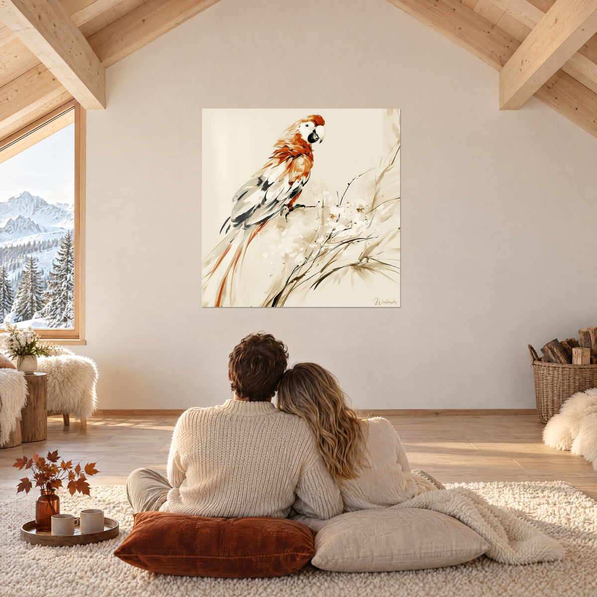 Quadro pappagallo arancio e avorio con pennellate fluide, una coppia abbracciata di spalle su un tappeto crema di fronte alla parete dello chalet