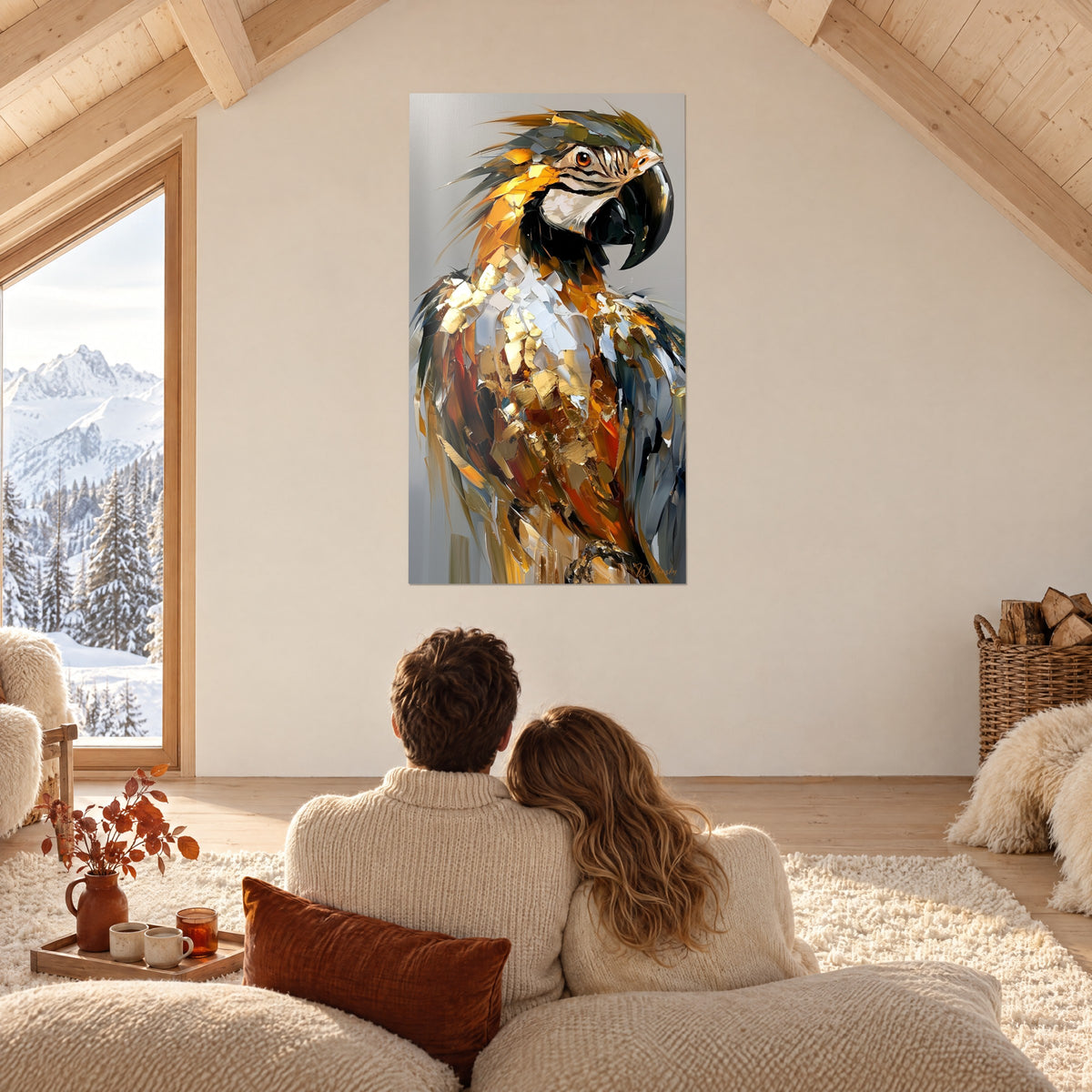 Tableau ara éclatant aux pans de matière dorée, ambre et blanc, couple enlacé de dos dans un salon de chalet face aux sapins