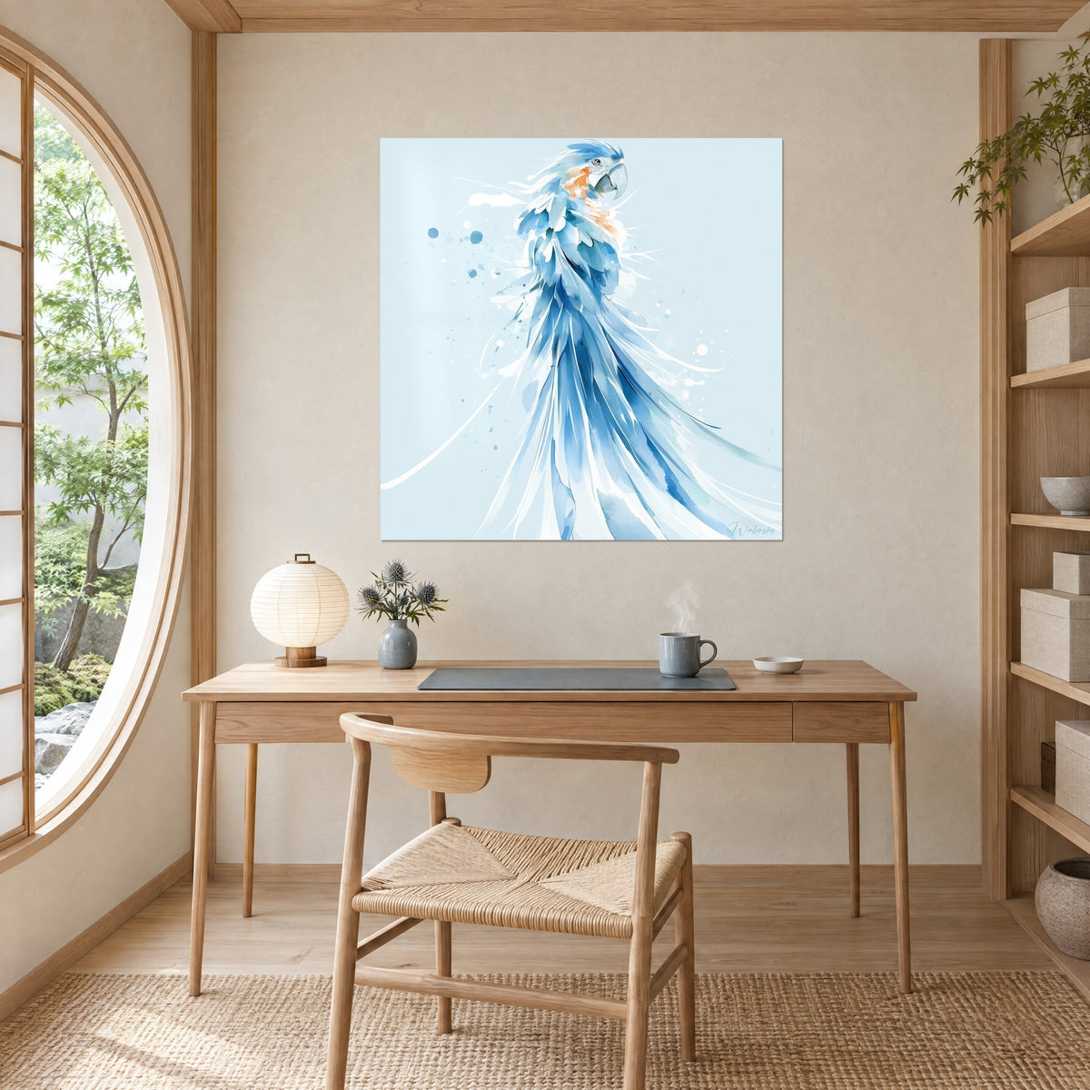 Tableau volatile aquarellé, crête bleue, joue blanche, touches orange, fond bleu glacier, accroché au-dessus d'un bureau en bois clair