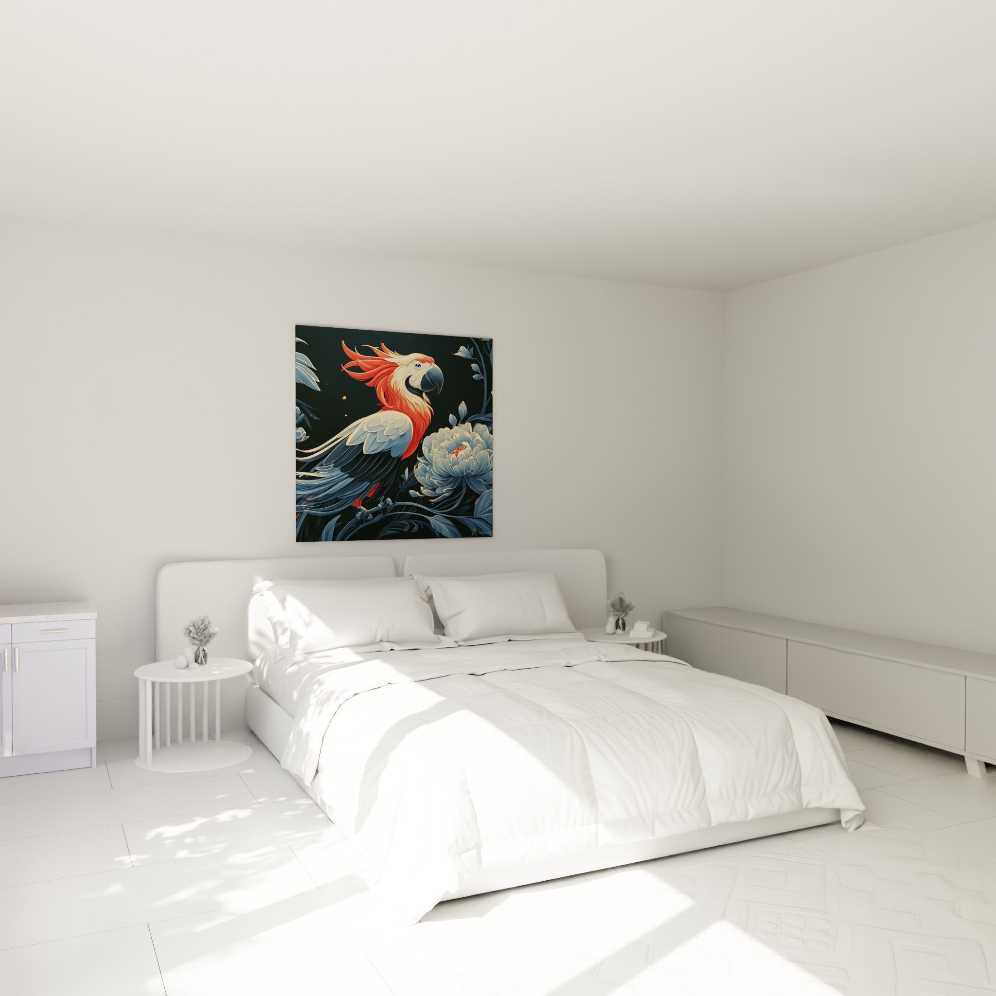 Volatile écarlate aux plumes anthracite accroché au-dessus d'un lit dans une chambre claire