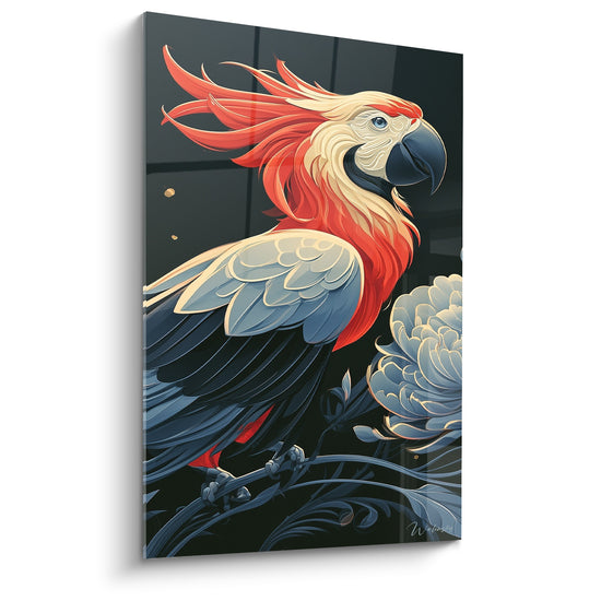 Perroquet rouge et doré à la crête déployée sur fond anthracite, style graphique raffiné