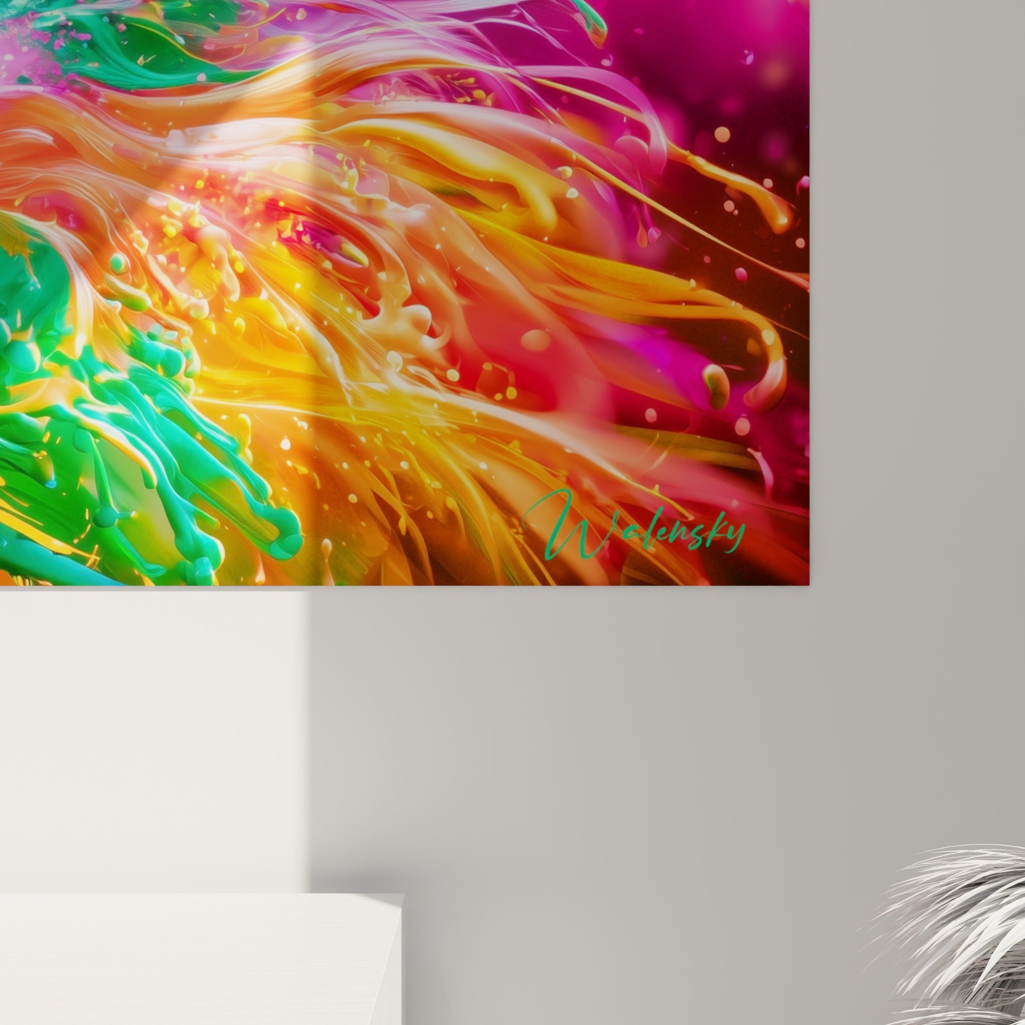 Détail des coulures turquoise et orangées mêlées au grain pictural du perroquet sur toile brillante