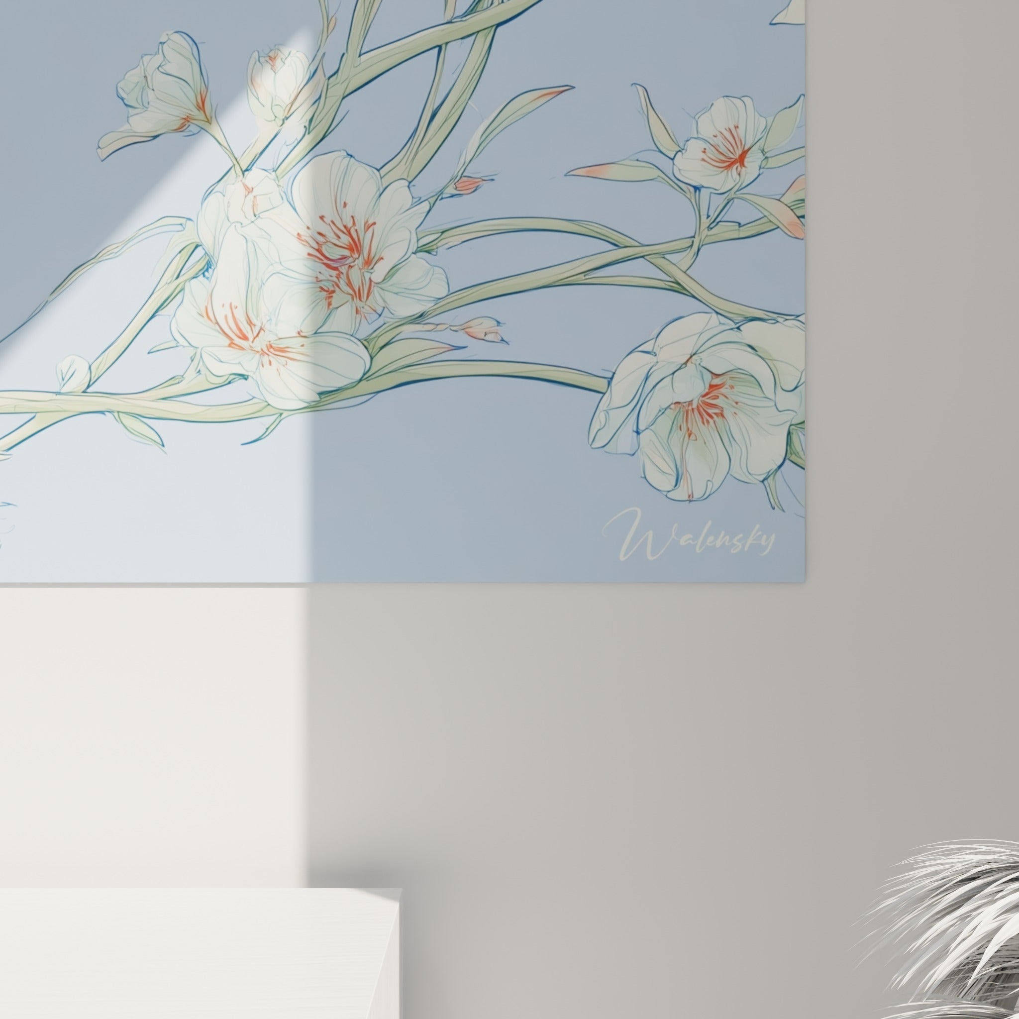 Détail du plumage bleu pastel et des fleurs blanches et corail, traits fins et grain visible de la toile