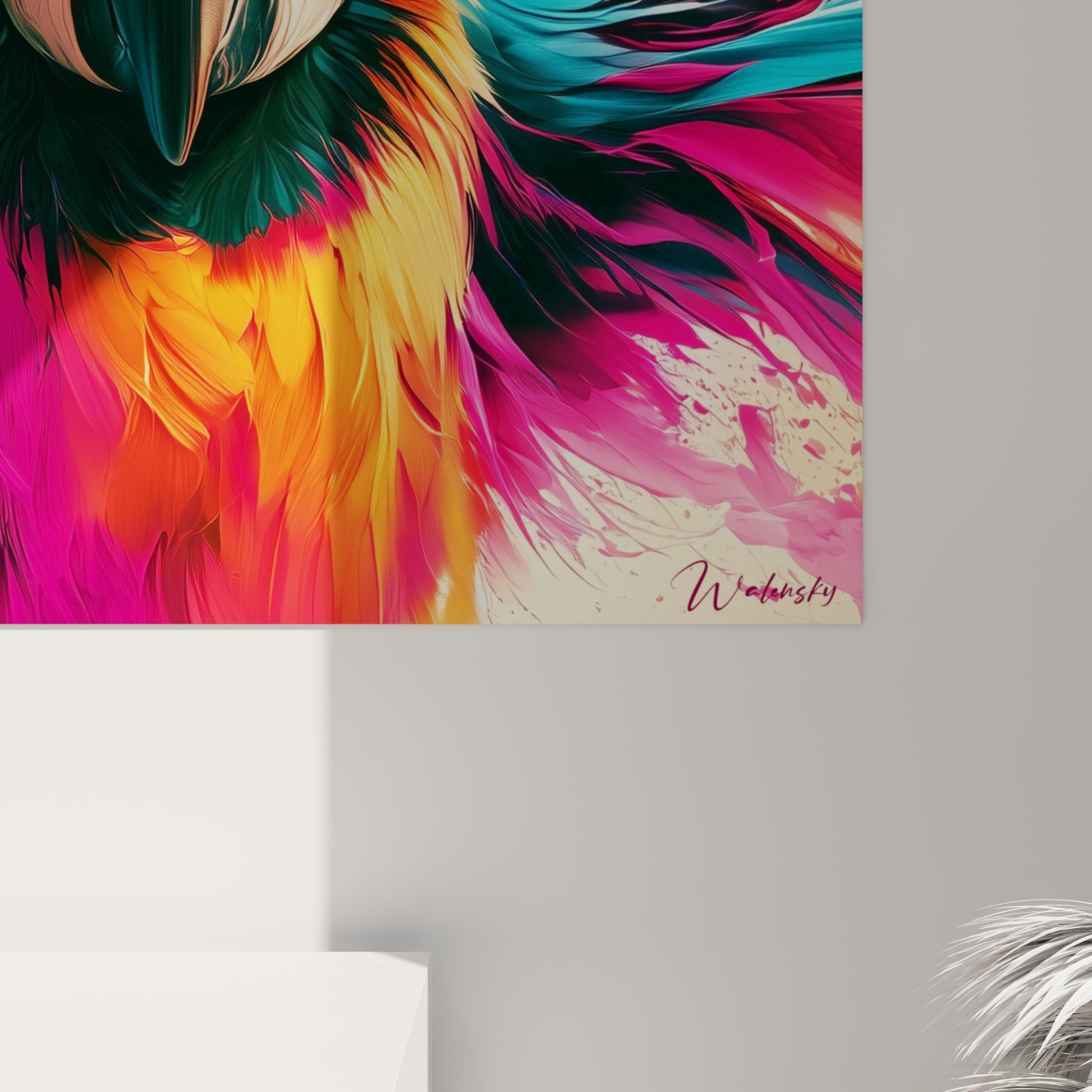 Détail des éclaboussures fuchsia et dorées entourant le plumage turquoise de l'ara, matière picturale texturée