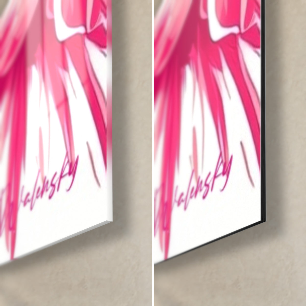 Tableau ara en illustration rose et bleue, coin bas droit avec signature magenta, verre acrylique brillant à gauche, Dibond noir mat