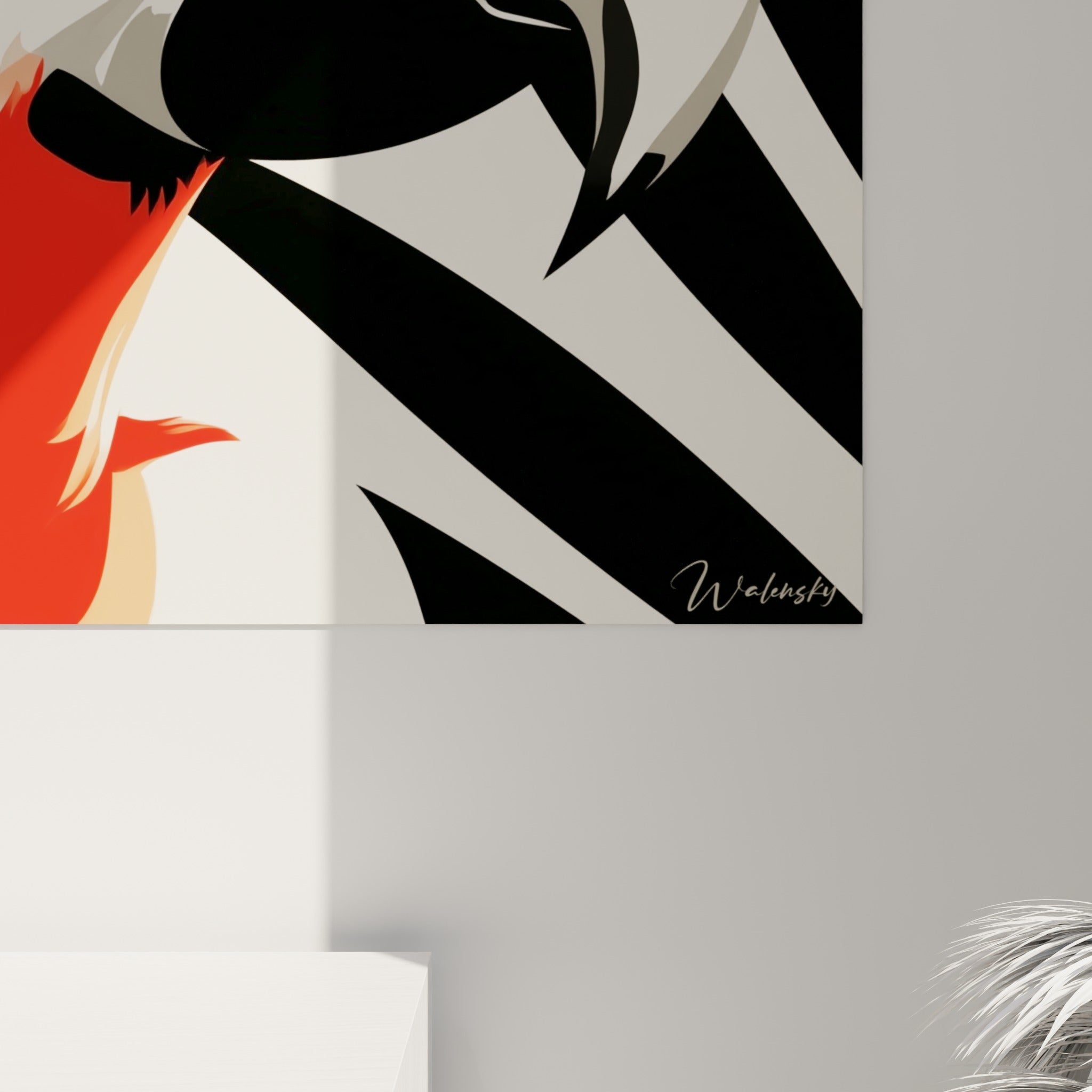Détail du plumage rouge vif et des rayures noires imprimées avec une finition nette et brillante