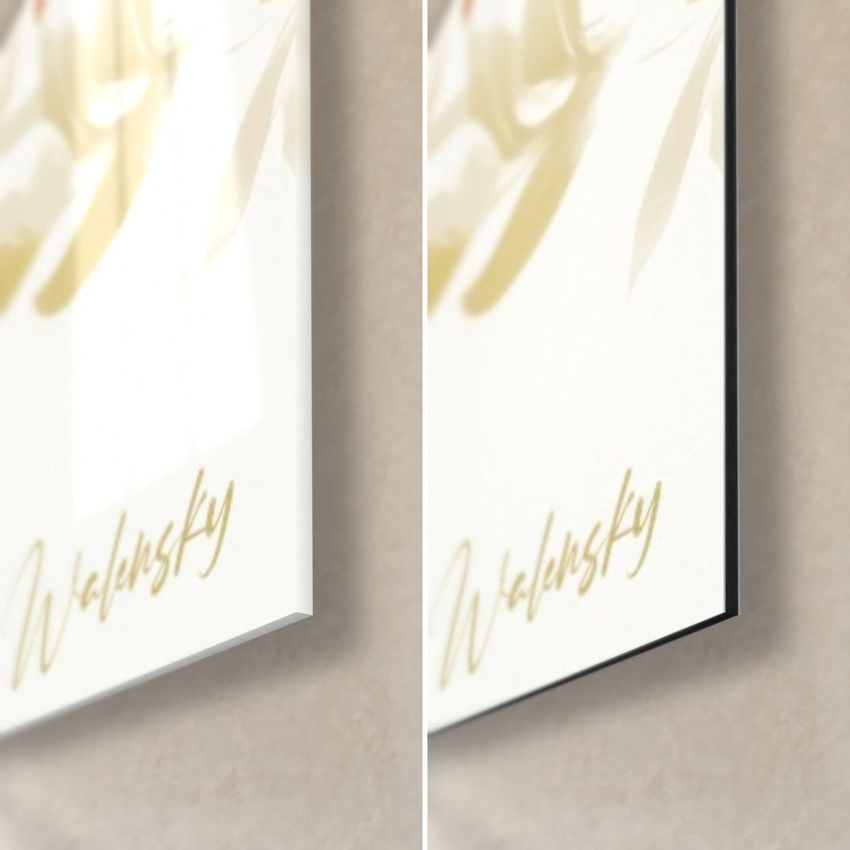 Gemälde Scharlachara, untere rechte Ecke: glänzendes Acrylglas links, mattschwarzes Alu-Dibond rechts, goldene Signatur