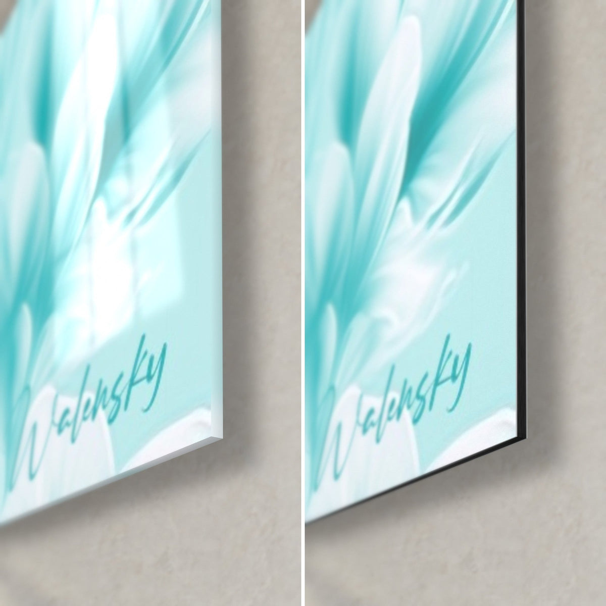 Wall art turquoise and white bird, flowers at bottom right, glossy acrylic glass and matte Dibond, 3 mm thickness
