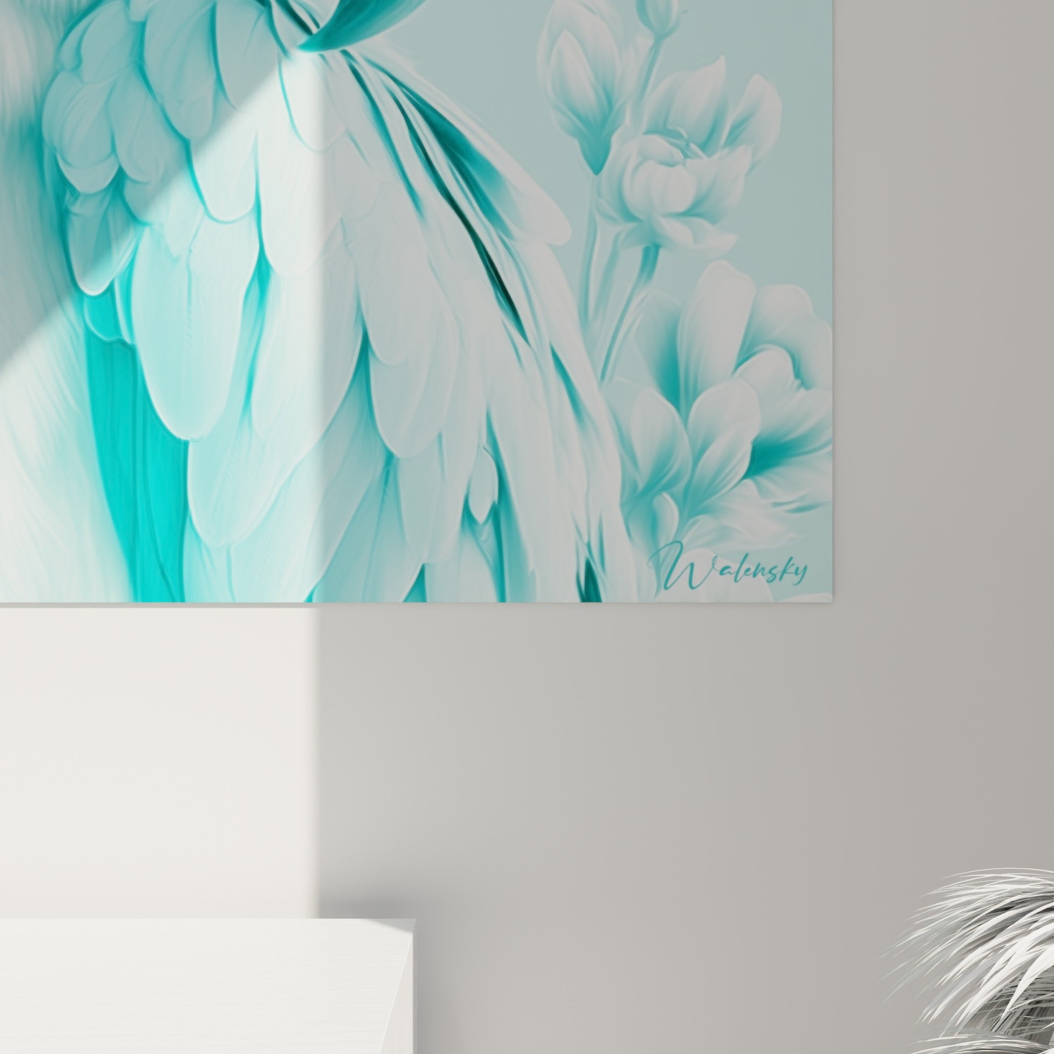 Plumes blanches et turquoise finement détaillées, bec bleu foncé lustré, grain délicat de l'impression