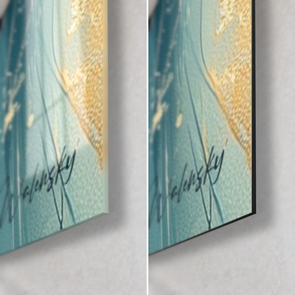Gemälde Vogel in Petrolblau und Gold, untere rechte Ecke: glänzendes Acrylglas links, matte Dibond-Platte rechts, 3 mm Kante