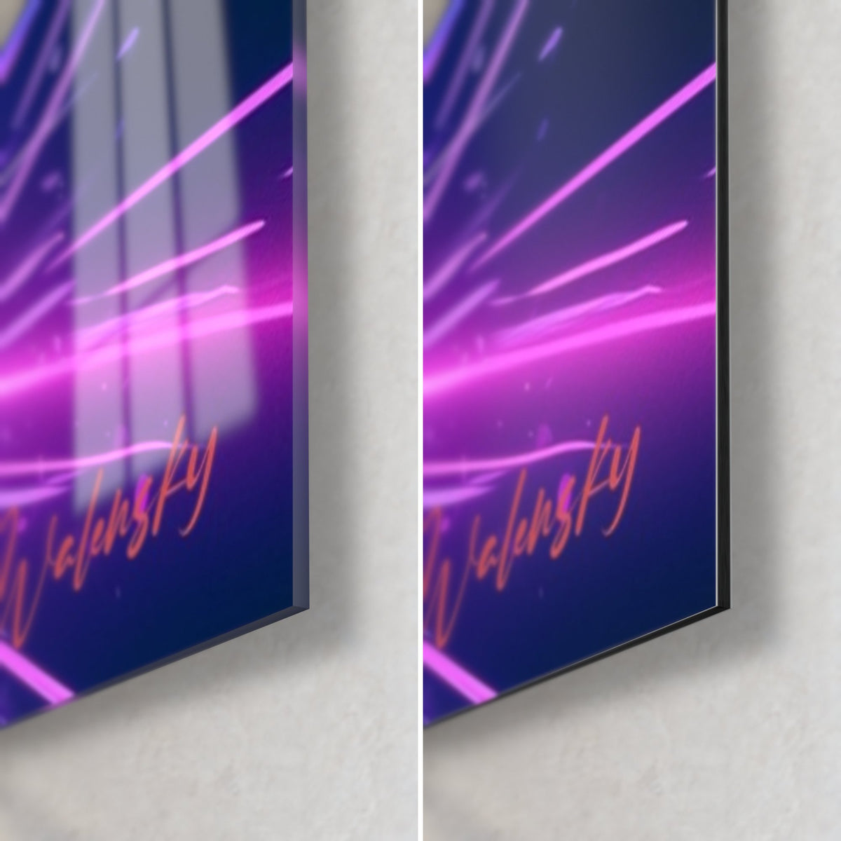 Gemälde Neon-Ara, Ecke unten rechts: glänzendes Glas links, matt Dibond-Aluminium rechts, 3 mm Kante, rosa und violette Strahlen