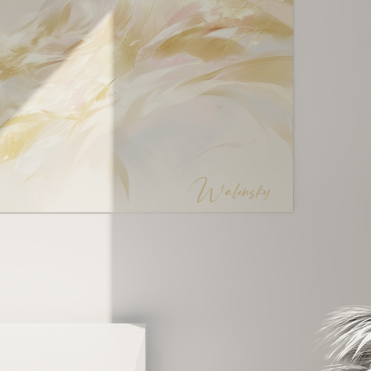 Détail des touches roses et dorées du cacatoès, grain délicat de l'impression et fondus pastel visibles