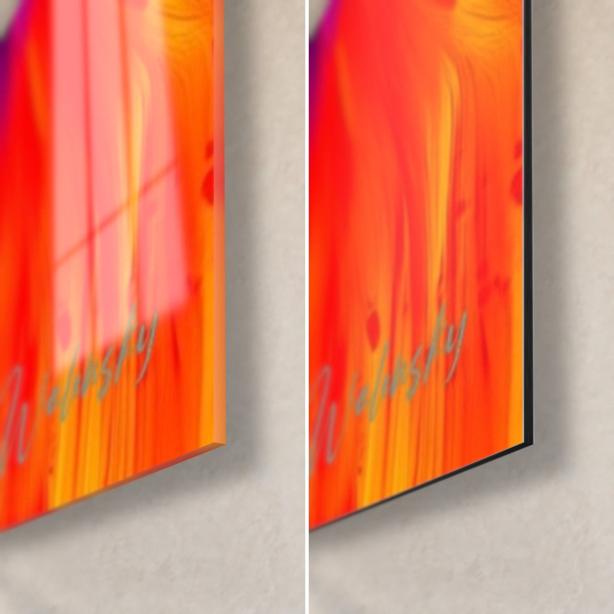 Tableau oiseau exotique orange vif et violet, coin bas droit : verre acrylique brillant à gauche, Dibond mat à droite