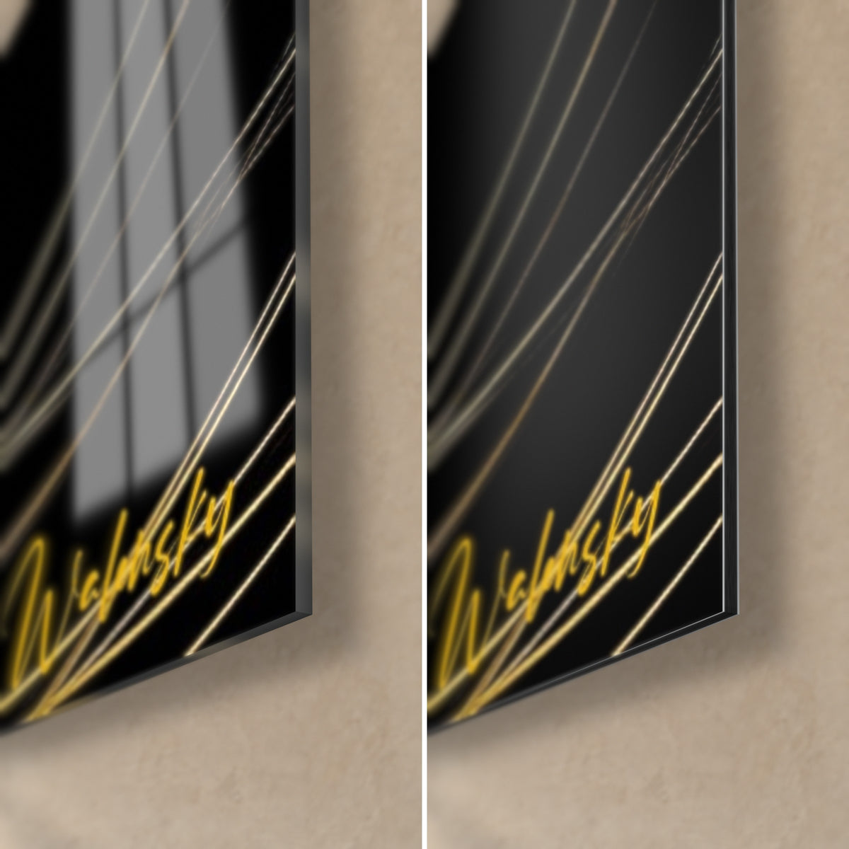 Wall art of a parrot with golden filaments, bottom right corner, glossy glass with reflections on matte black Dibond aluminum, 3 mm edge
