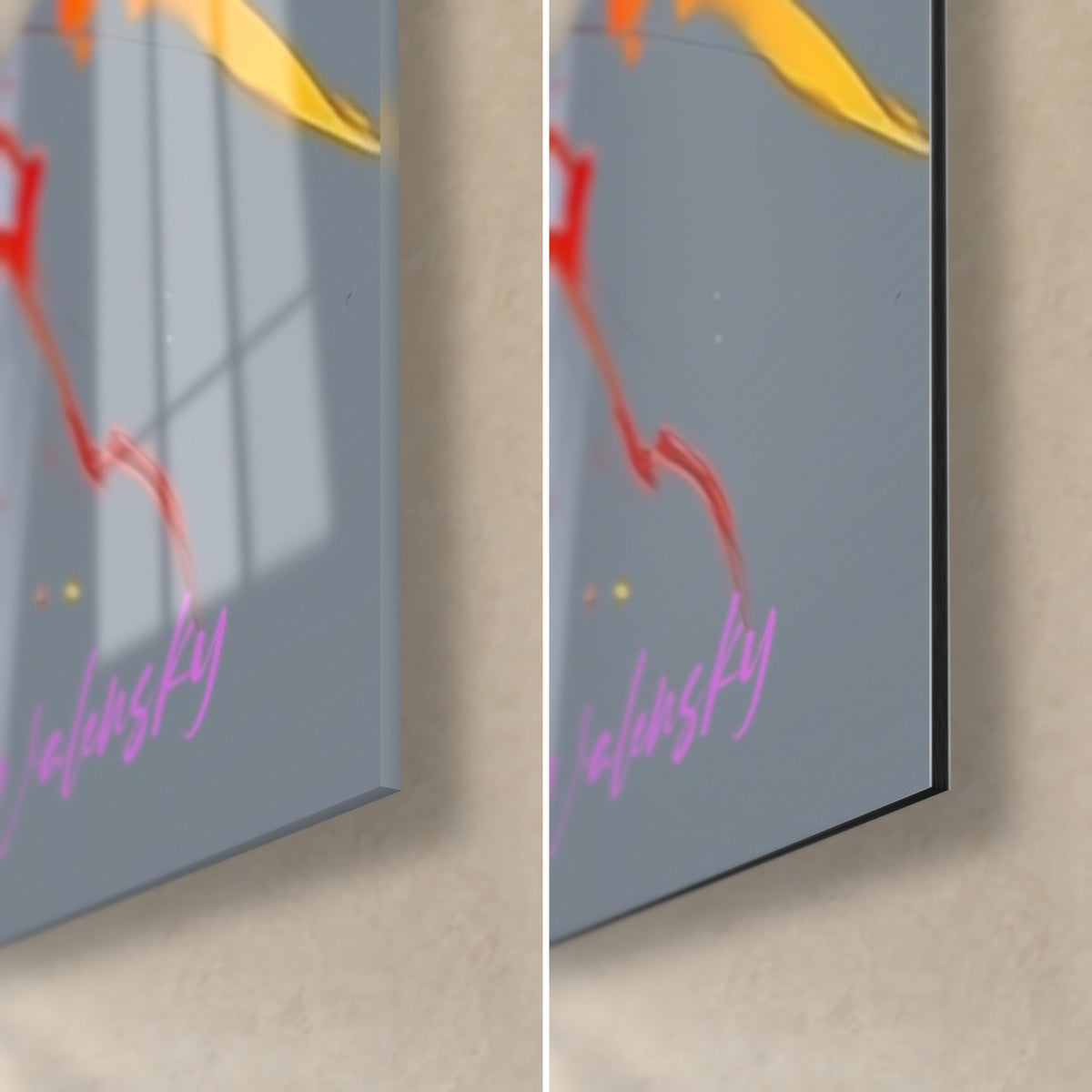 Schilderij tropische vogel, rechtsonder: glanzend acrylglas met reflecties links, mat zwart Dibond rechts, 3 mm dikte