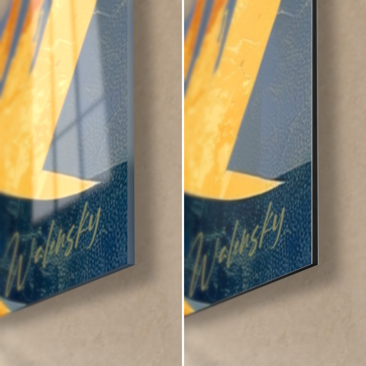 Tableau perroquet bleu nuit signé Walensky, coin bas droit : verre acrylique brillant et alu Dibond mat, tranche de 3 mm