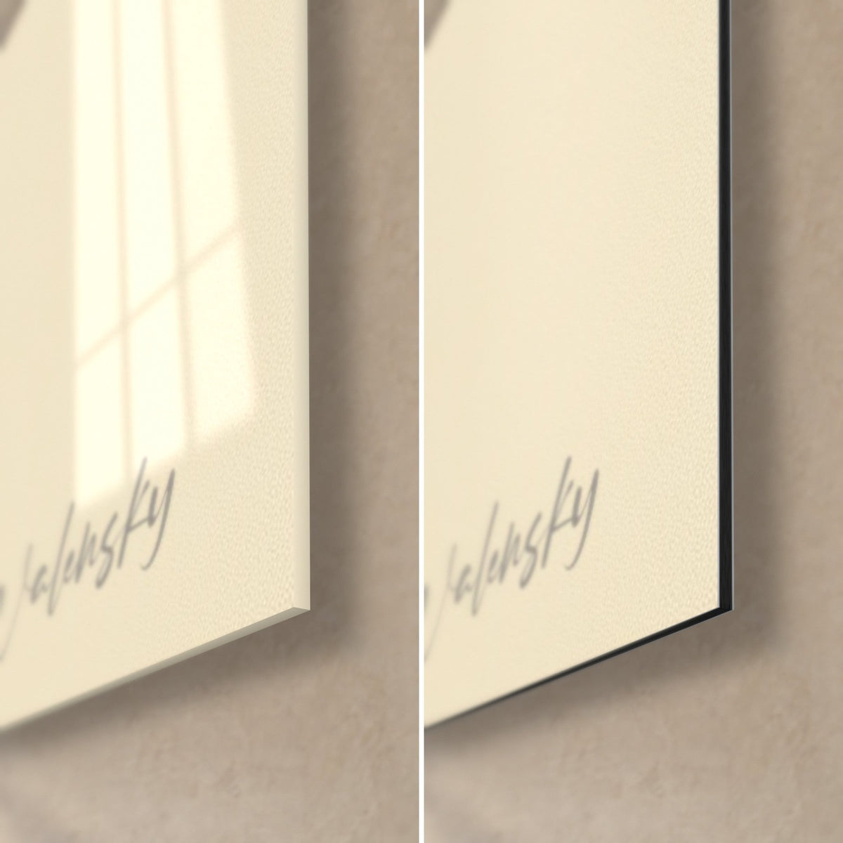 Gemälde eines grauen und gelben Papageis, untere rechte Ecke: glänzendes Acrylglas mit Reflexen links, mattes Dibond-Aluminium rechts, 3 mm Kante