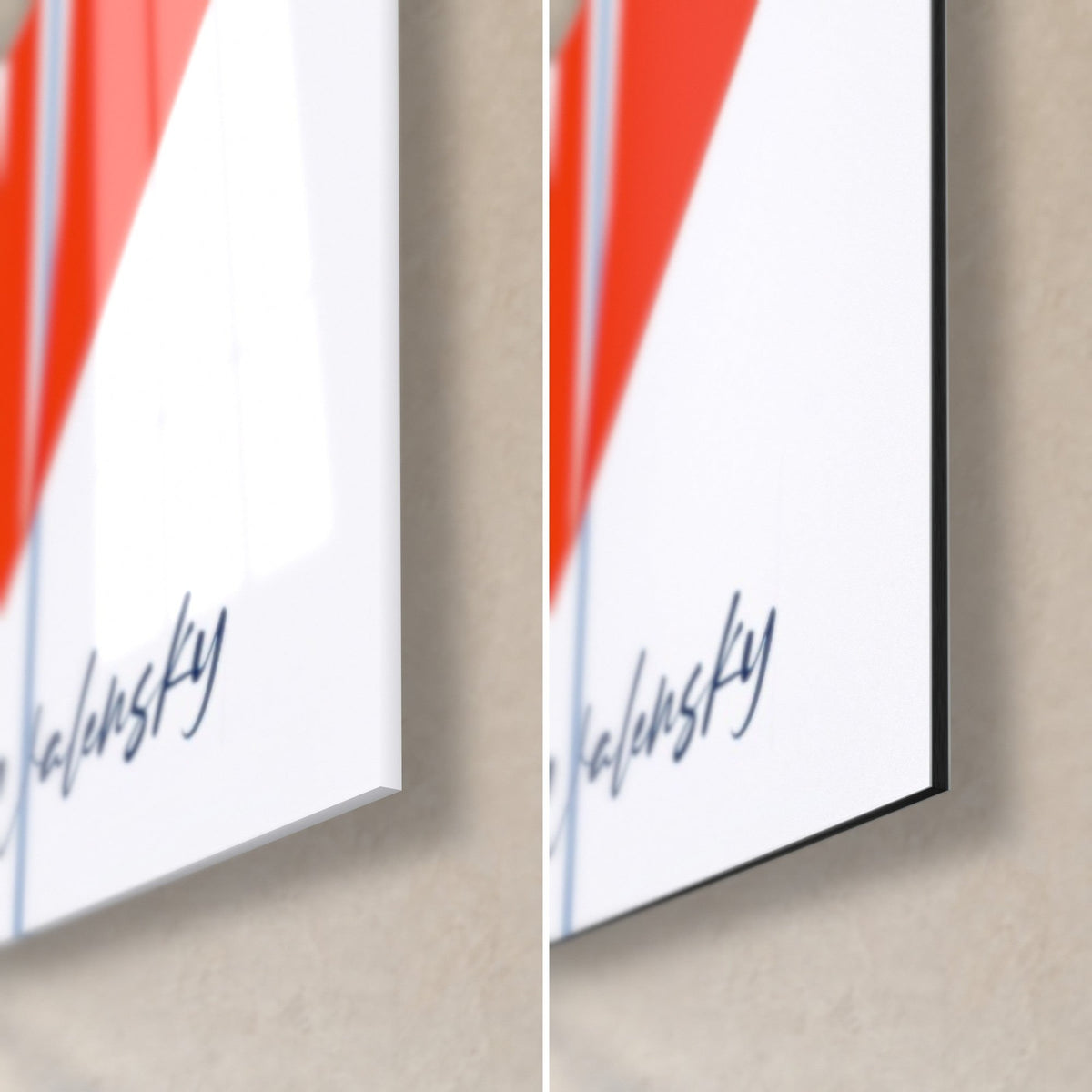 Schilderij exotische vogel als schets, rechtsonder: blauwe Walensky-handtekening op witte achtergrond, glanzend glas en mat zwart Dibond