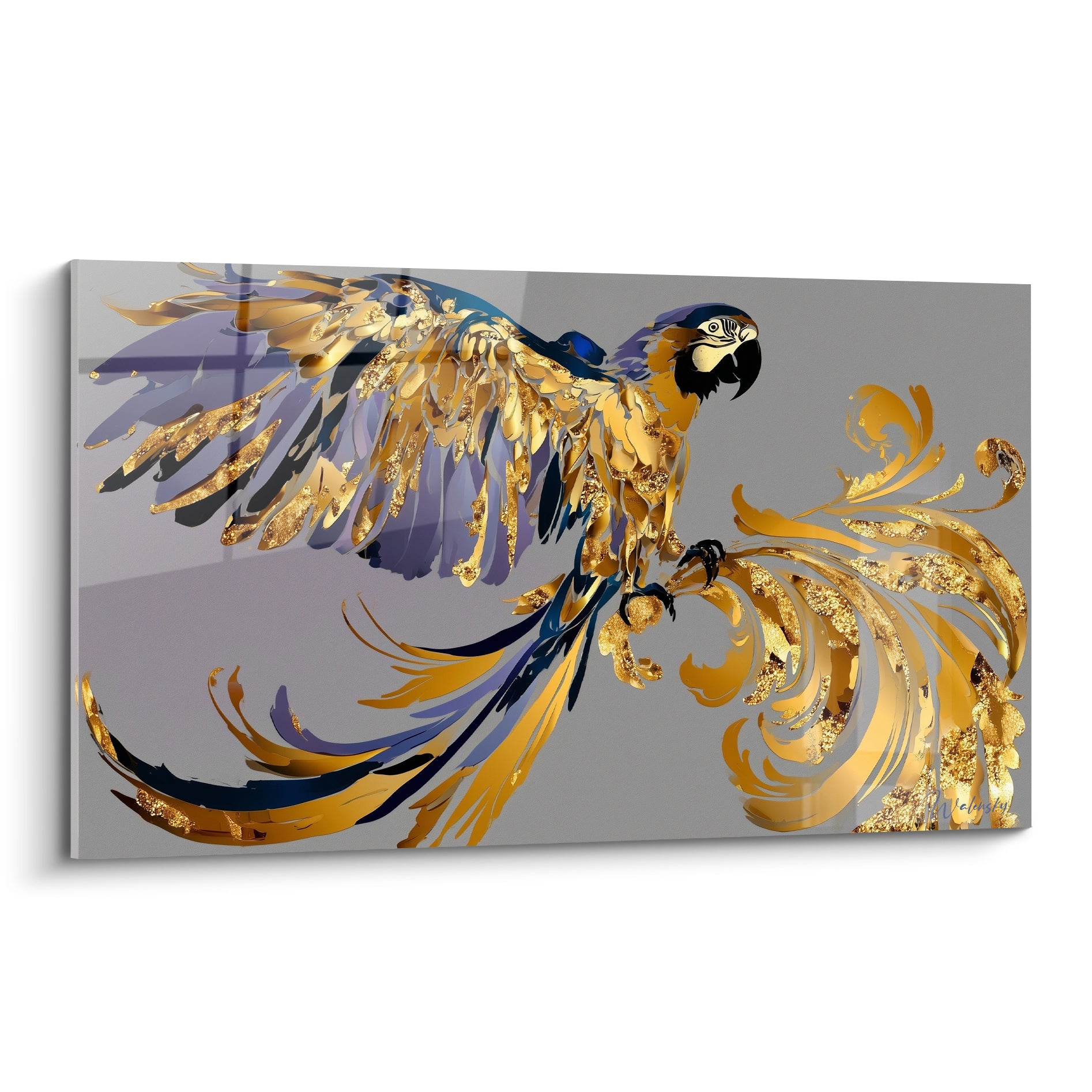 Perroquet doré et bleu marine déployant ses ailes sur fond gris anthracite, style ornemental