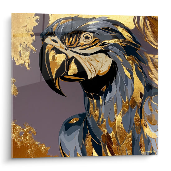 Perroquet doré au bec anthracite, œil cerclé d'or, plumage mauve et doré, style graphique intense
