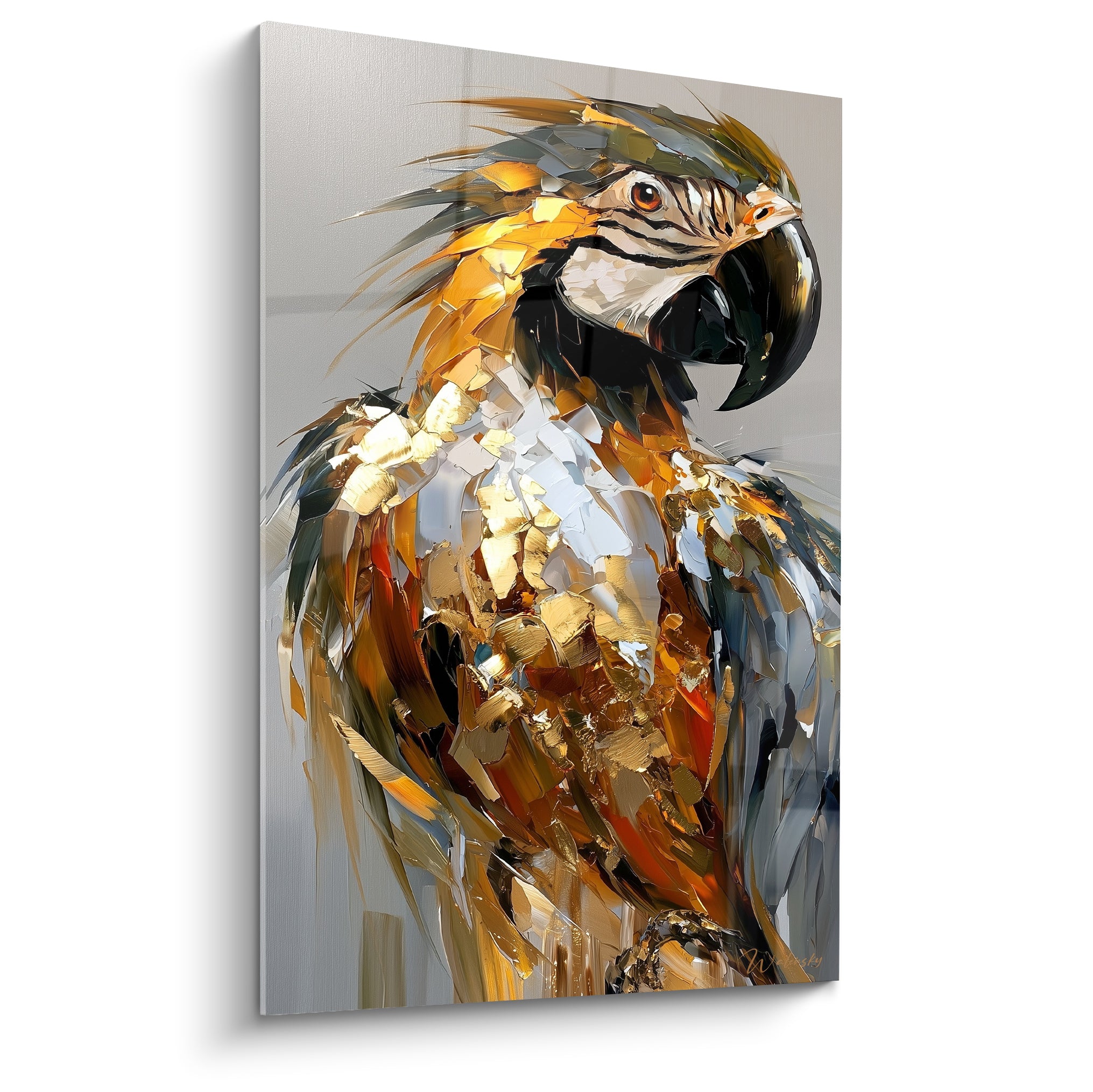 Perroquet doré et anthracite au bec noir, plumage sculpté en empâtements texturés