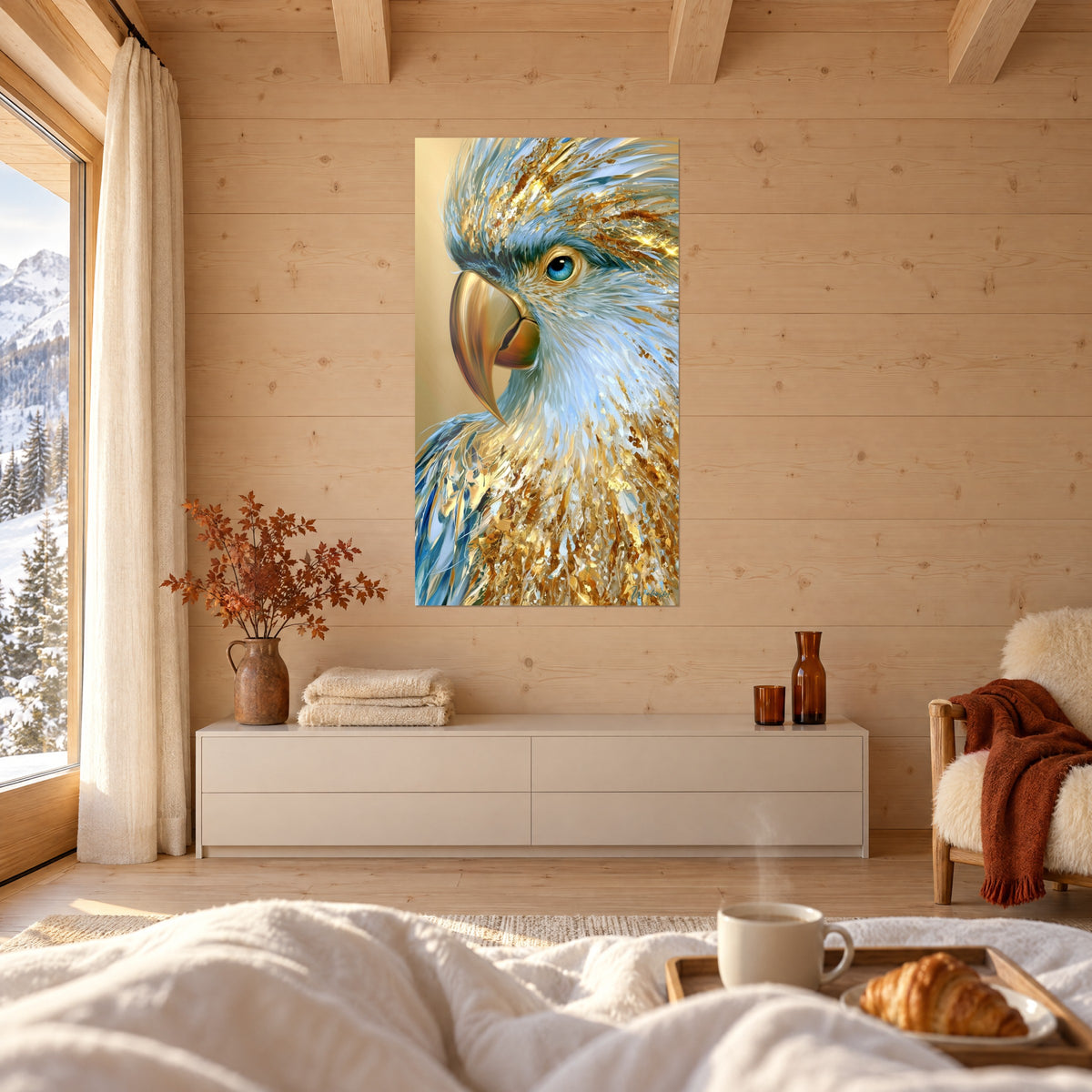 Wall art portrait of a macaw with amber and pale blue feathers, piercing gaze, above a bed in a light bedroom