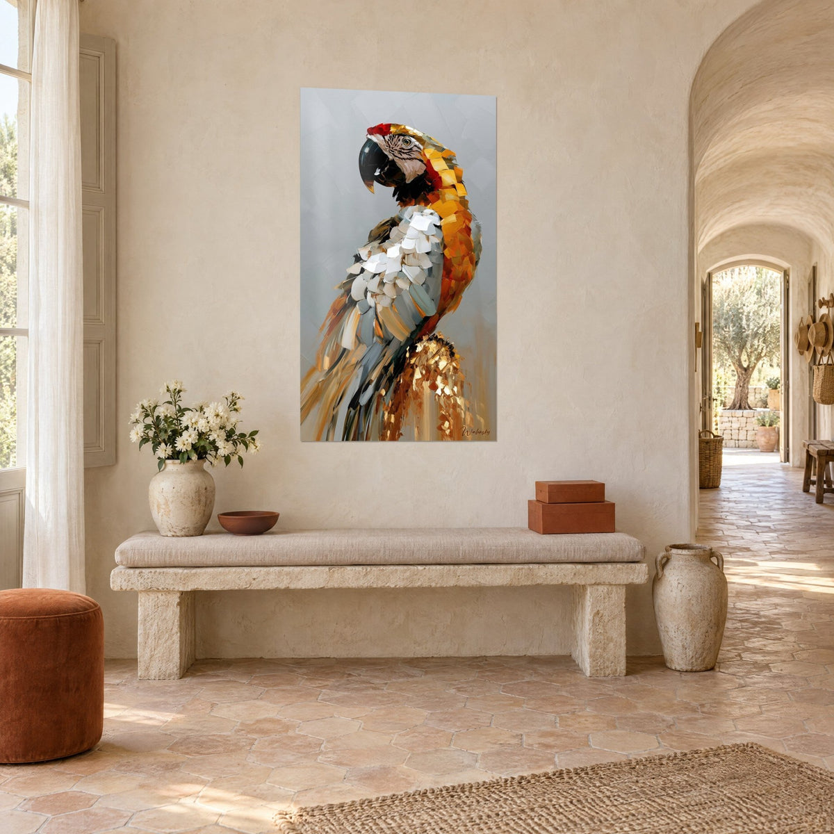 Wall art orange and white parrot, black beak, saffron nape in broad palette-knife strokes on a grey background, in the entrance of a Provençal farmhouse