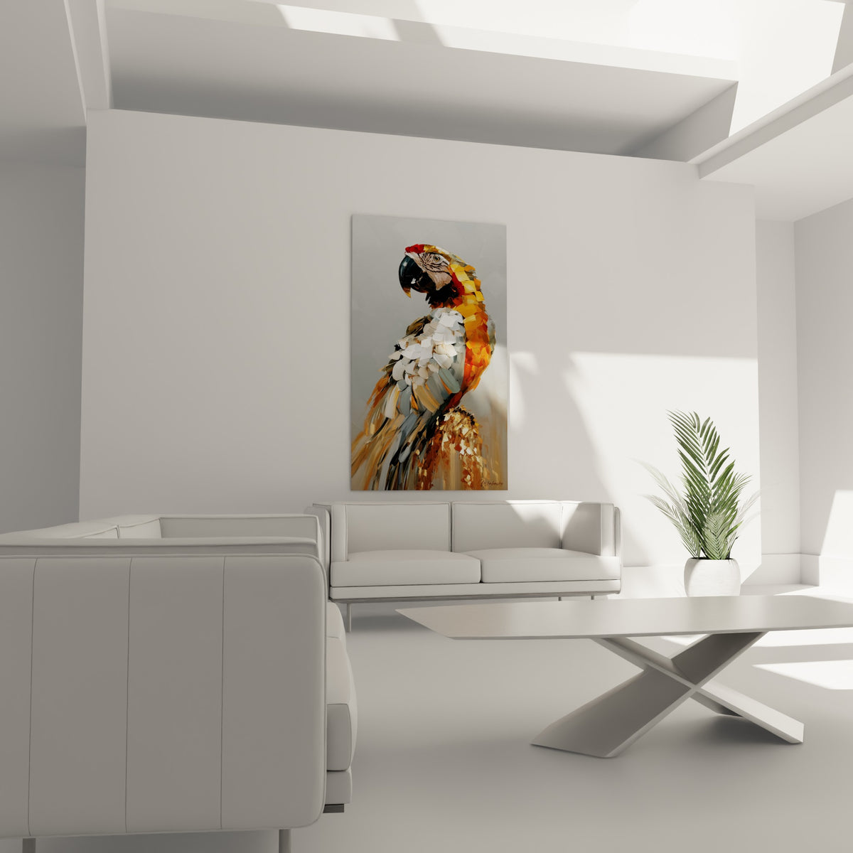 Oiseau exotique gris, ocre et orangé aux empâtements épais, au-dessus d'un canapé dans un salon lumineux