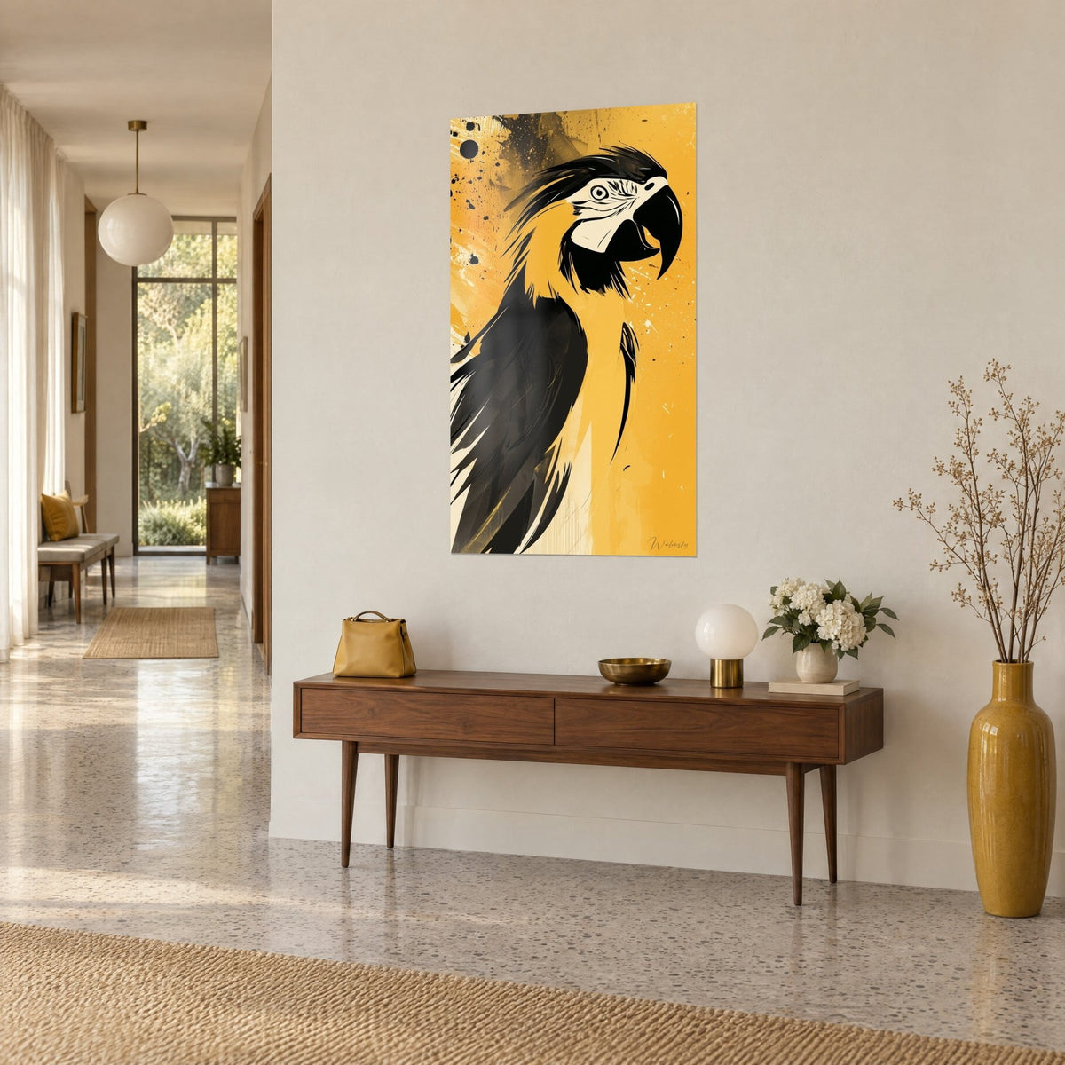 Wall art macaw in proud profile, tousled black crest and ivory cheek, saffron yellow background speckled with ink, hung above a wooden console in a hallway