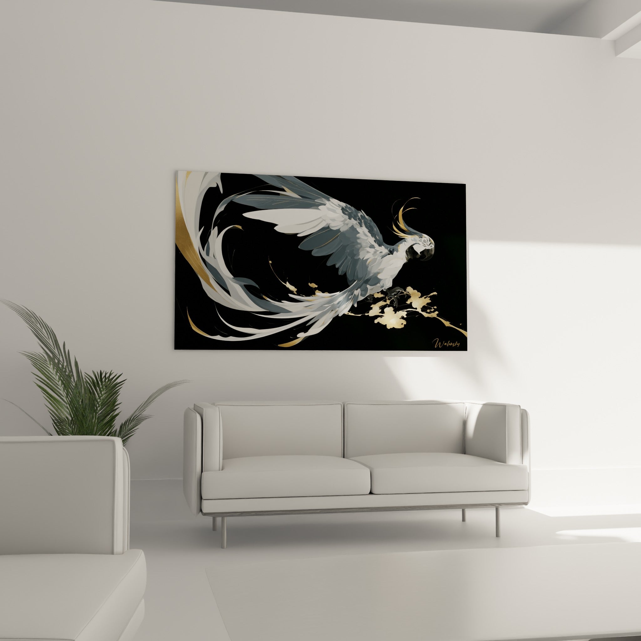 Oiseau gris perle aux reflets dorés déployant ses ailes, au-dessus d'un canapé dans un salon lumineux