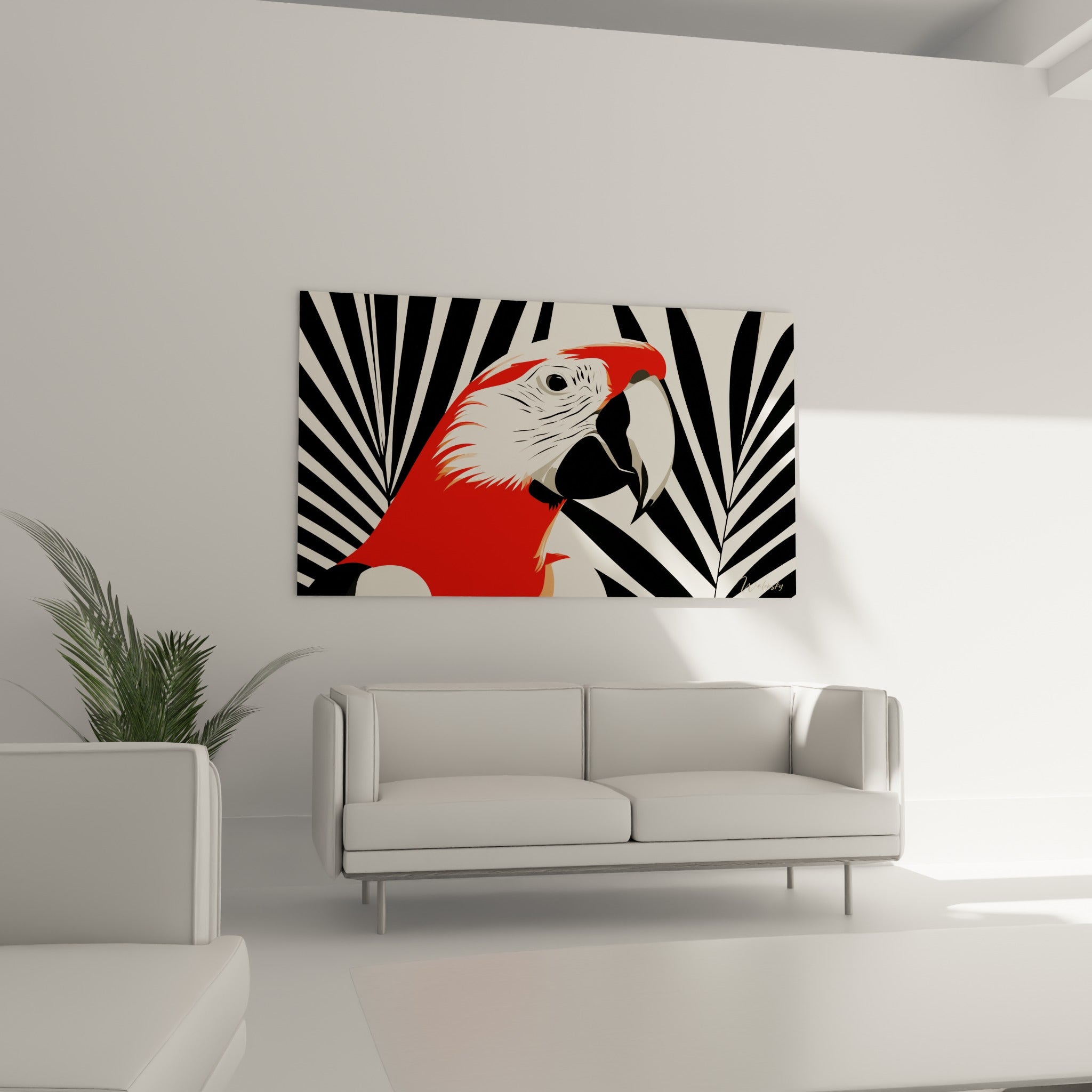Ara écarlate au regard intense entouré de feuilles graphiques, au-dessus d'un canapé dans un salon lumineux