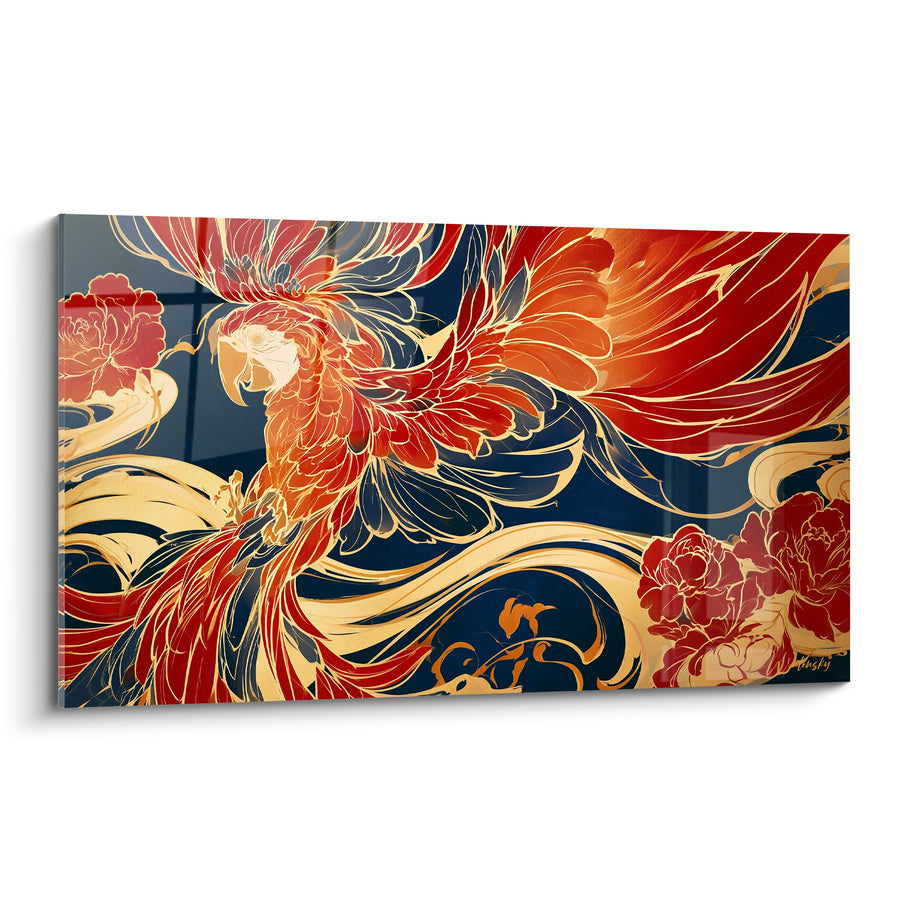 Tableau Ara rouge et bleu marine parmi pivoines dorées - Volutes flamboyantes stylisées - Edition Perroquet