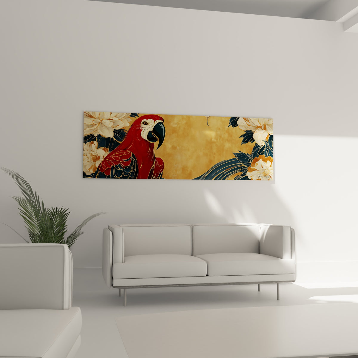 Plumage rouge vif et doré du perroquet parmi les pivoines, au-dessus d'un canapé dans un salon lumineux