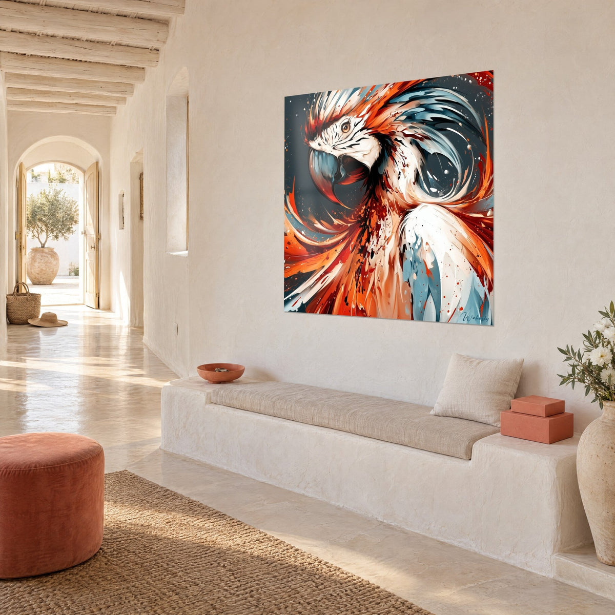 Wall art white and red macaw on slate background, bluish curved beak, hung at an angle in an arched hallway with pale lime plaster