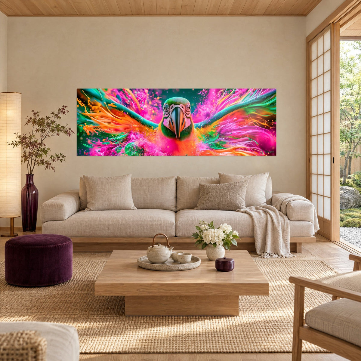 Gemälde Ara mit ausgebreiteten Flügeln in fuchsiapinken und smaragdgrünen Farbspritzern, leuchtend oranges Gefieder, über einem Sofa in einem hellen Wohnzimmer