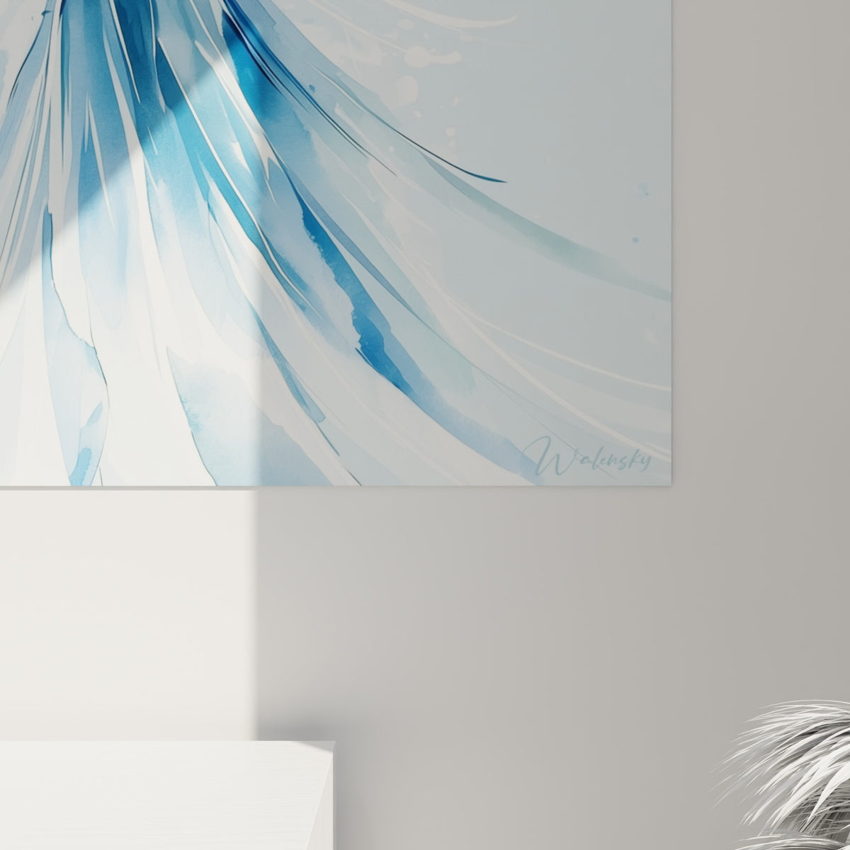 Empâtements bleu ciel et blanc se mêlant en fines coulures sur ce tableau perroquet aquarelle