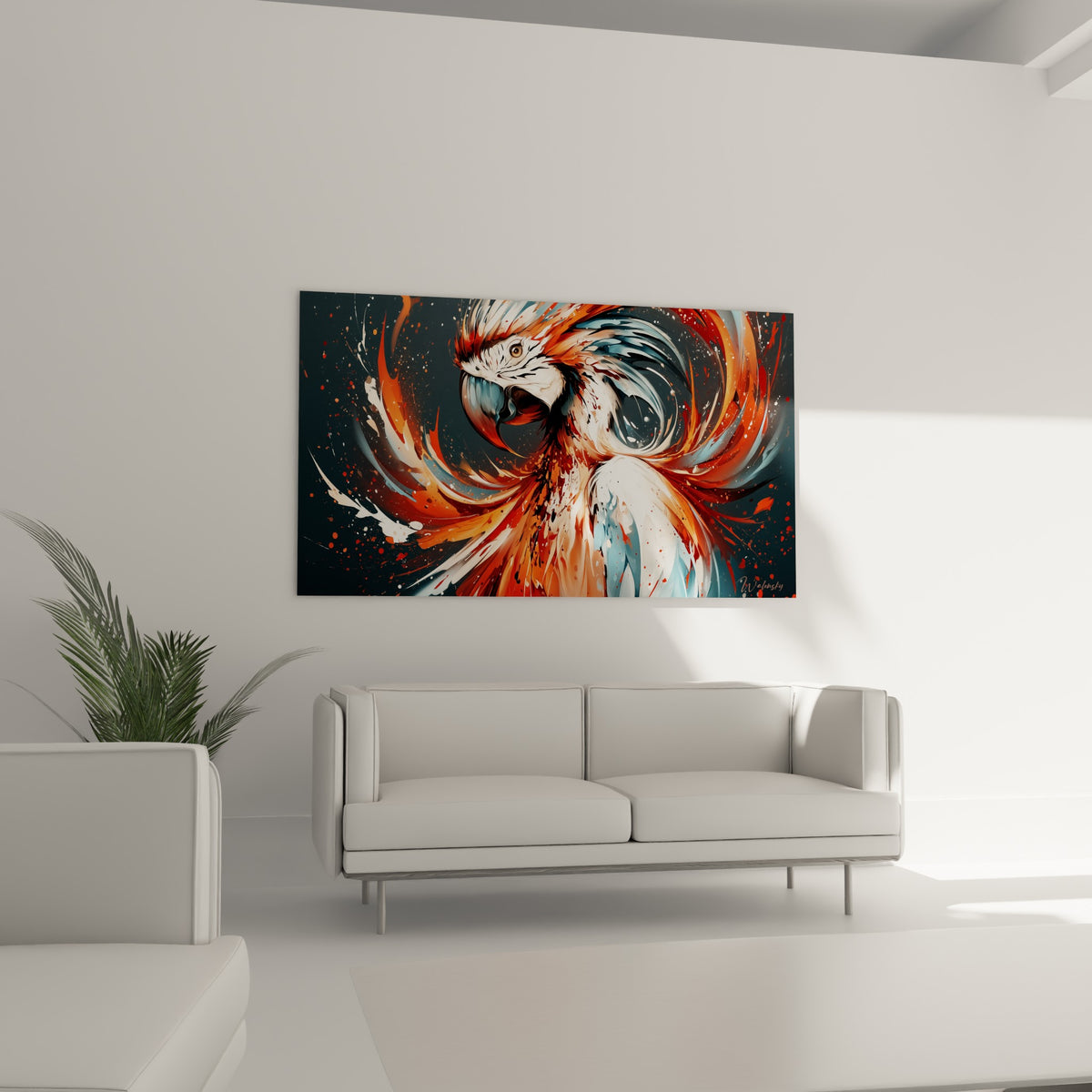 Plumage tourbillonnant terracotta et bleu pastel du perroquet, au-dessus d'un canapé dans un salon lumineux