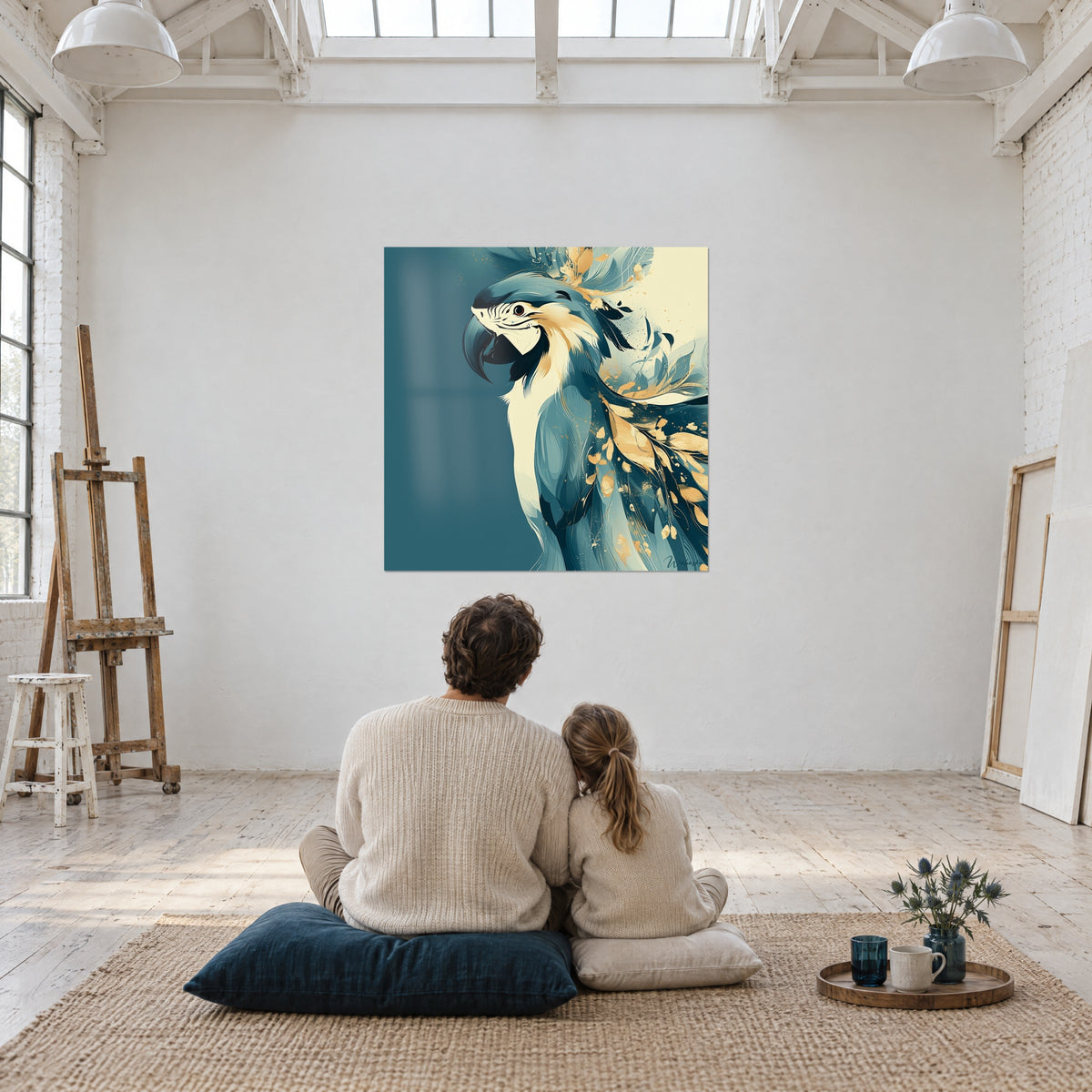 Tableau ara majestueux en aplats bleu pétrole et touches jaune miel, regardé par un adulte et une enfant assis de dos