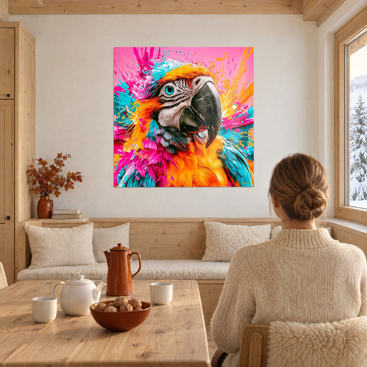 Tableau perroquet éclaboussé de peinture fuchsia et cyan, regardé par une femme de dos en pull crème, dans un chalet enneigé
