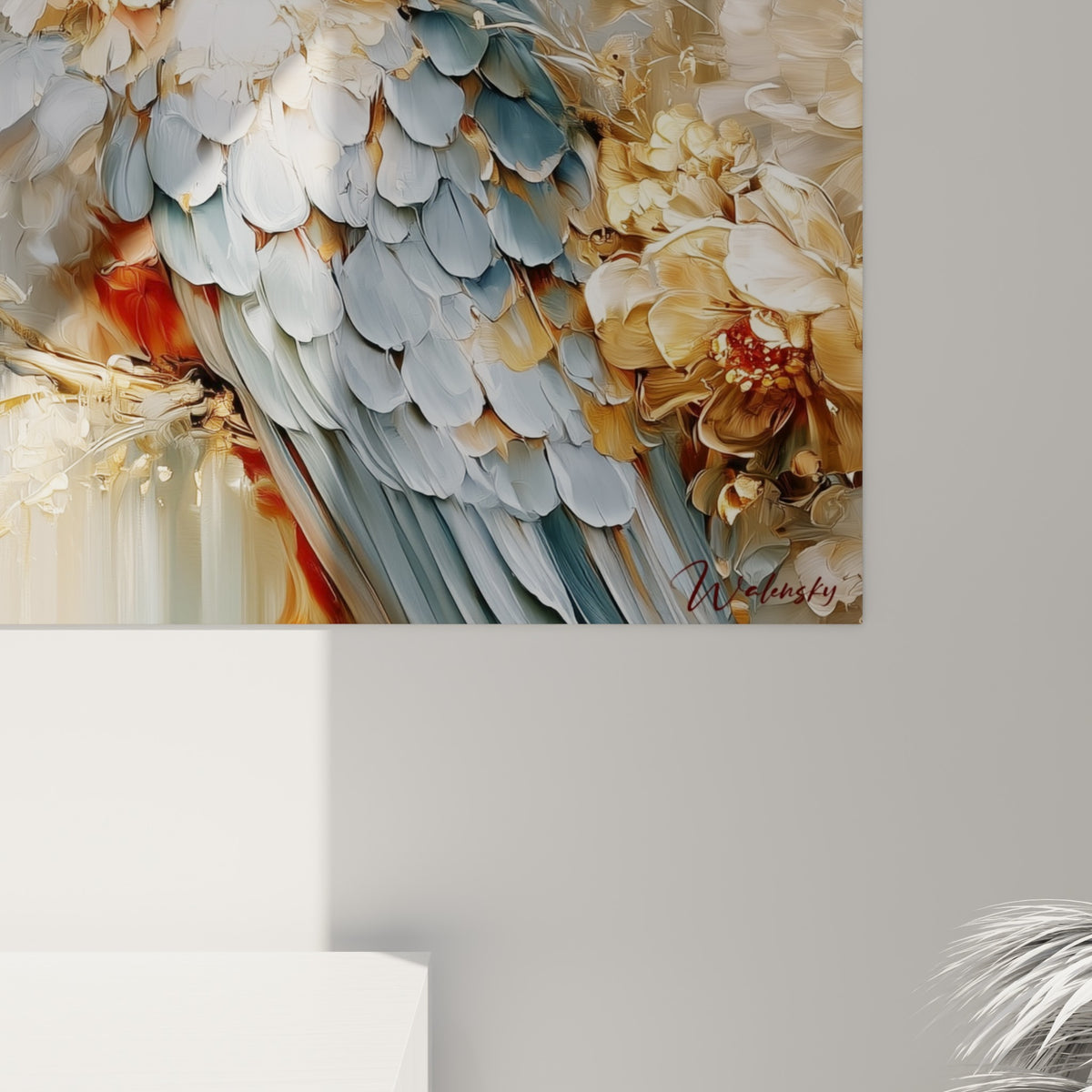 Empâtements dorés et bleu pastel sur les plumes du cacatoès révélant la texture épaisse de la peinture