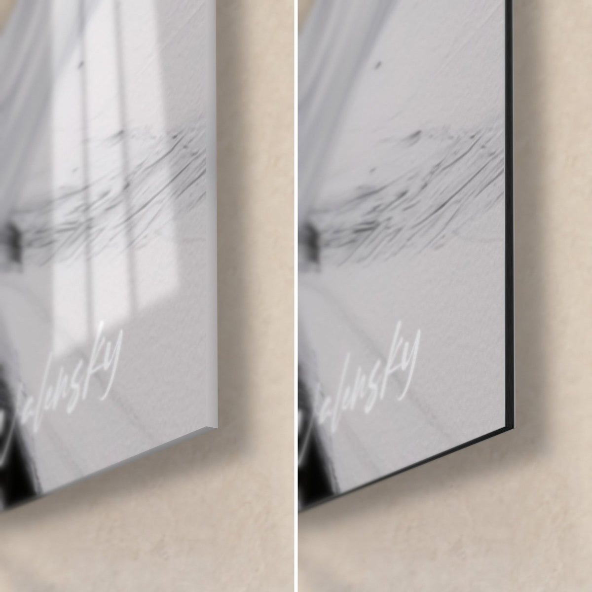 Gemälde Roter und schwarzer Vogel, untere rechte Ecke: glänzendes Acrylglas mit Reflexen, mattweißes Dibond-Alu, 3 mm Kante
