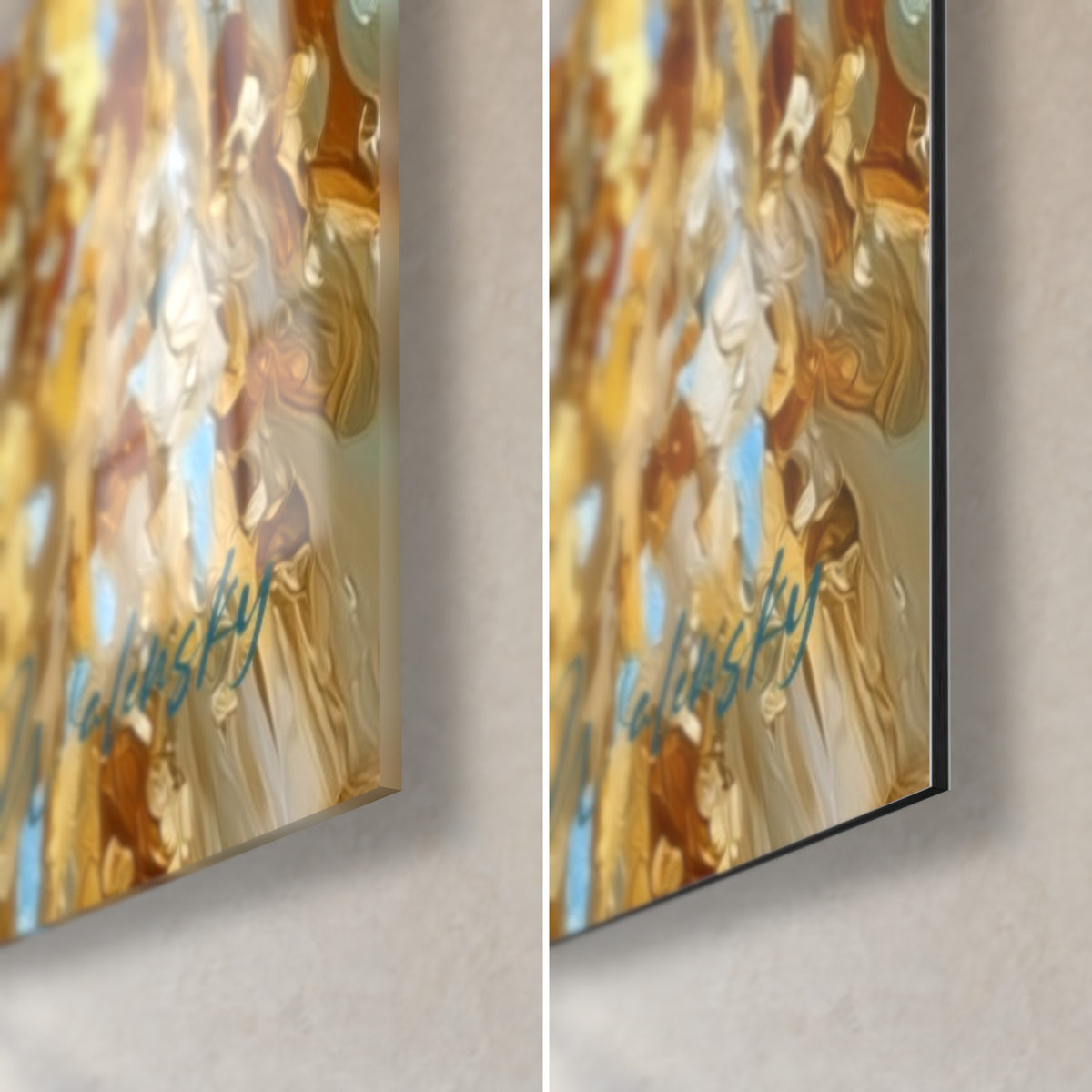Wall art parrot with gold and azure accents, bottom right corner, glossy acrylic glass on the left, matte Dibond on the right