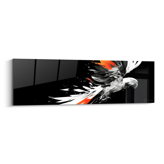 Perroquet en plein envol, plumage noir et blanc éclaté d'orange vif sur fond sombre
