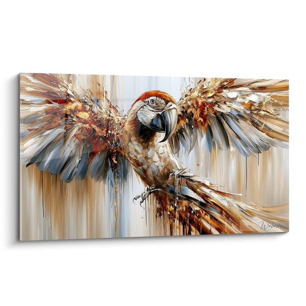 Tableau Ara brun et gris aux ailes déployées - Coulures verticales beiges - Edition Perroquet