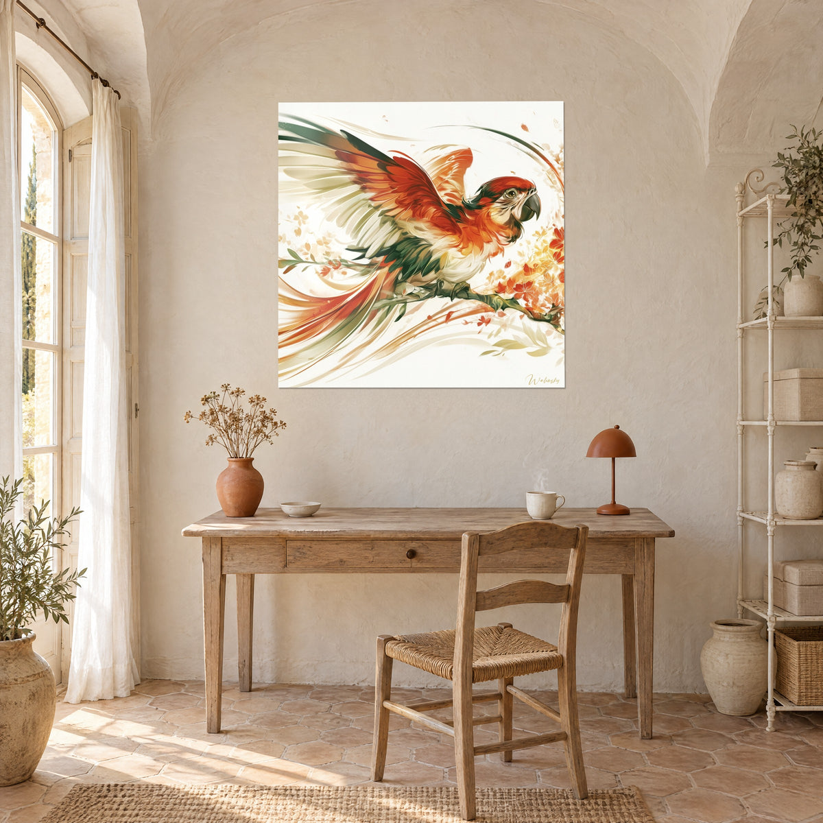 Tableau aquarelle d'un ara déployant ses ailes cuivrées et vertes, posé au-dessus d'un bureau en bois clair