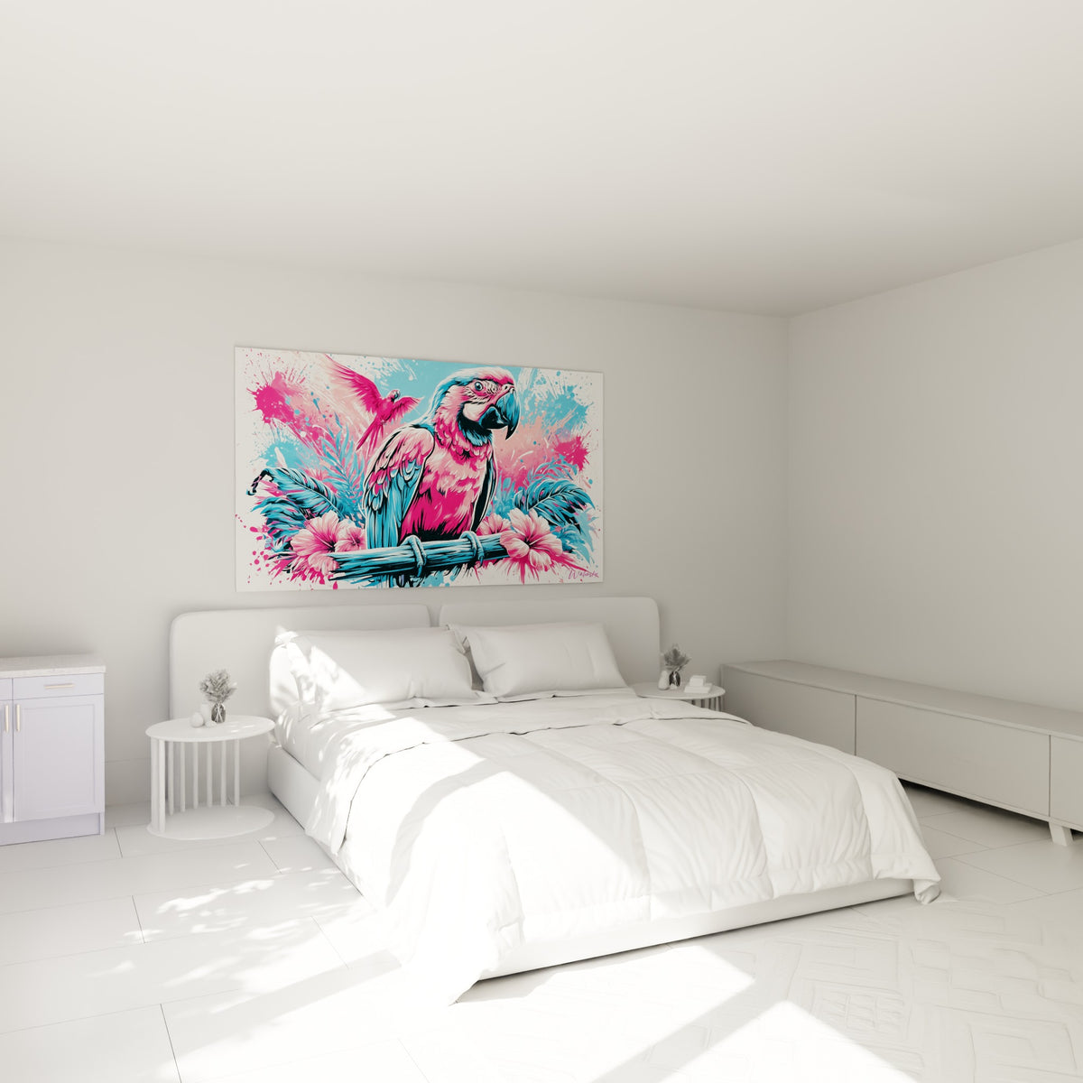Perroquet rose et bleu ciel en vol accompagné, accroché au-dessus d'un lit dans une chambre claire