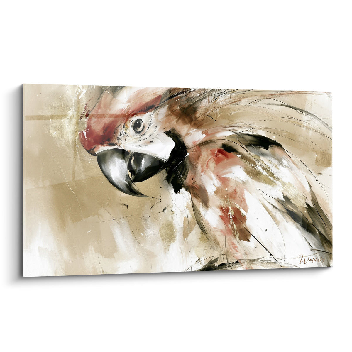 Perroquet esquissé au bec noir, plumage terracotta et fond ocre en traits gestuels